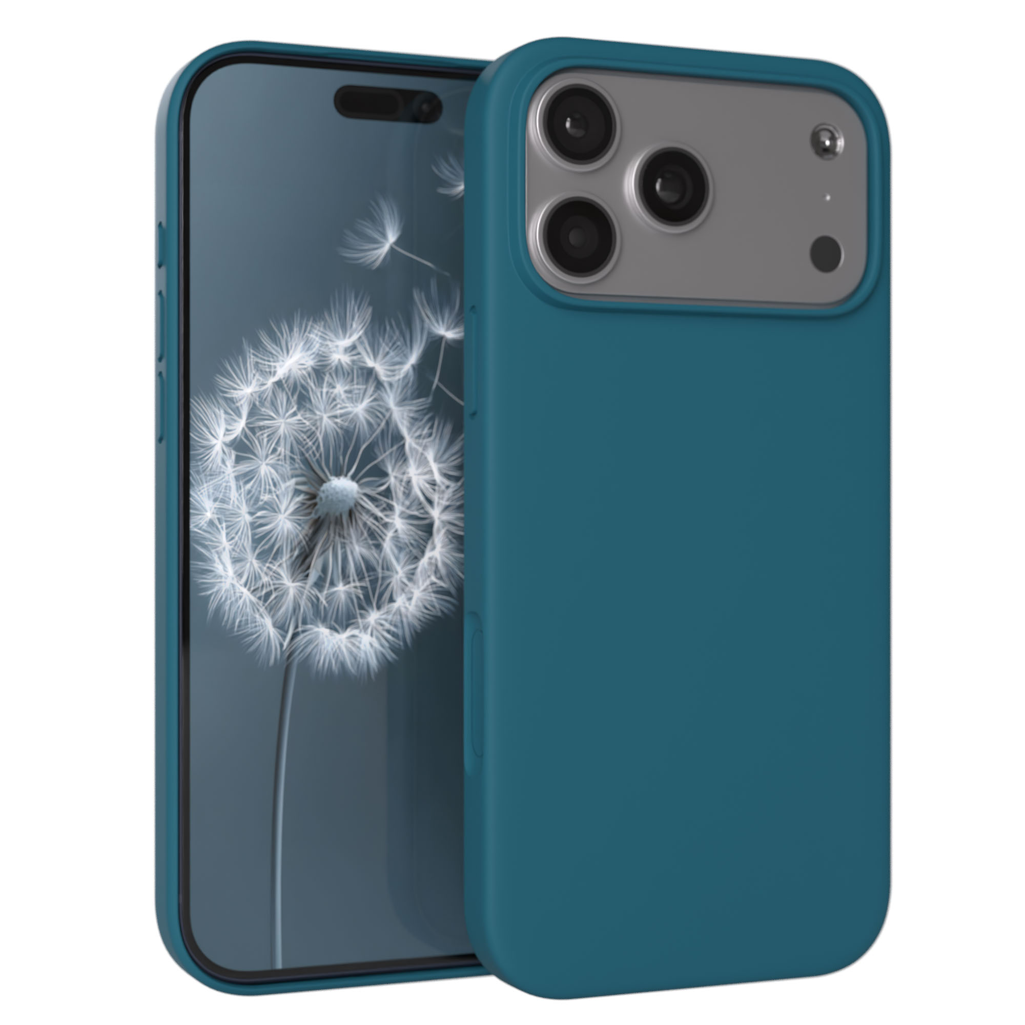 Ein blaues Handy mit Dandelion-Hintergrund und drei Kameras.