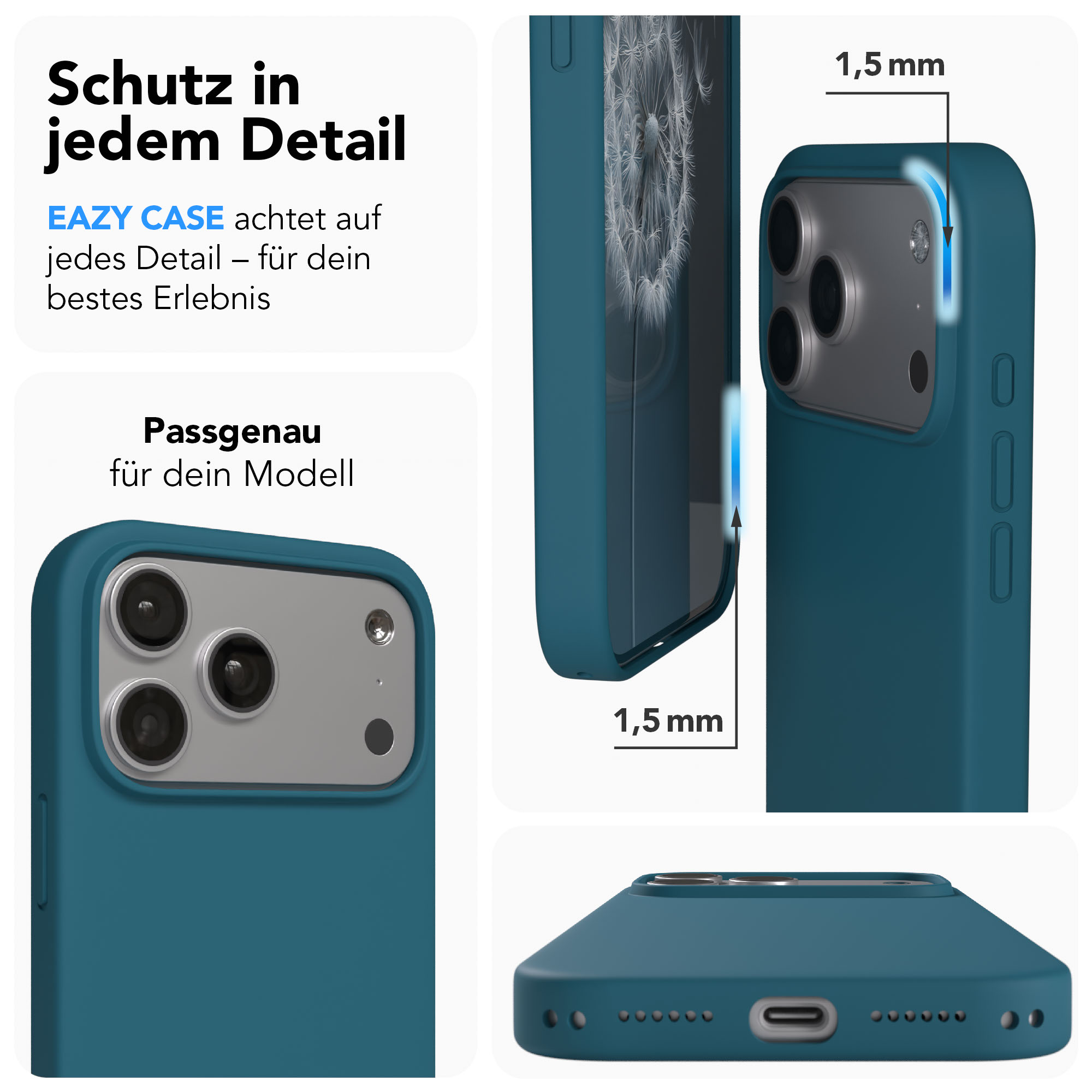 Blaue Handyhülle mit drei Kameralinsen und 1,5mm Rand.