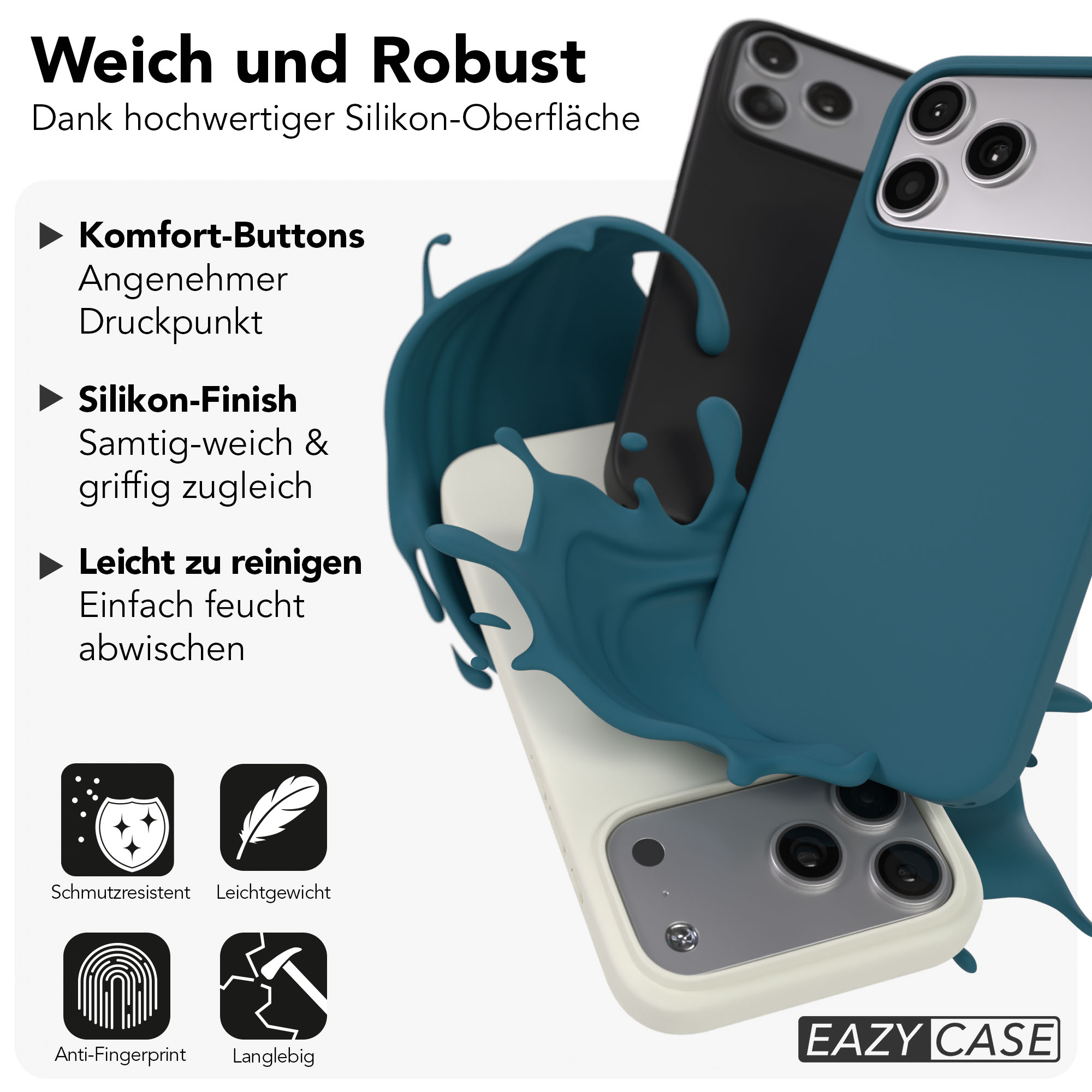 Drei iPhone-Hüllen in Blau, Schwarz und Weiß mit flüssigem blauen Silikon.