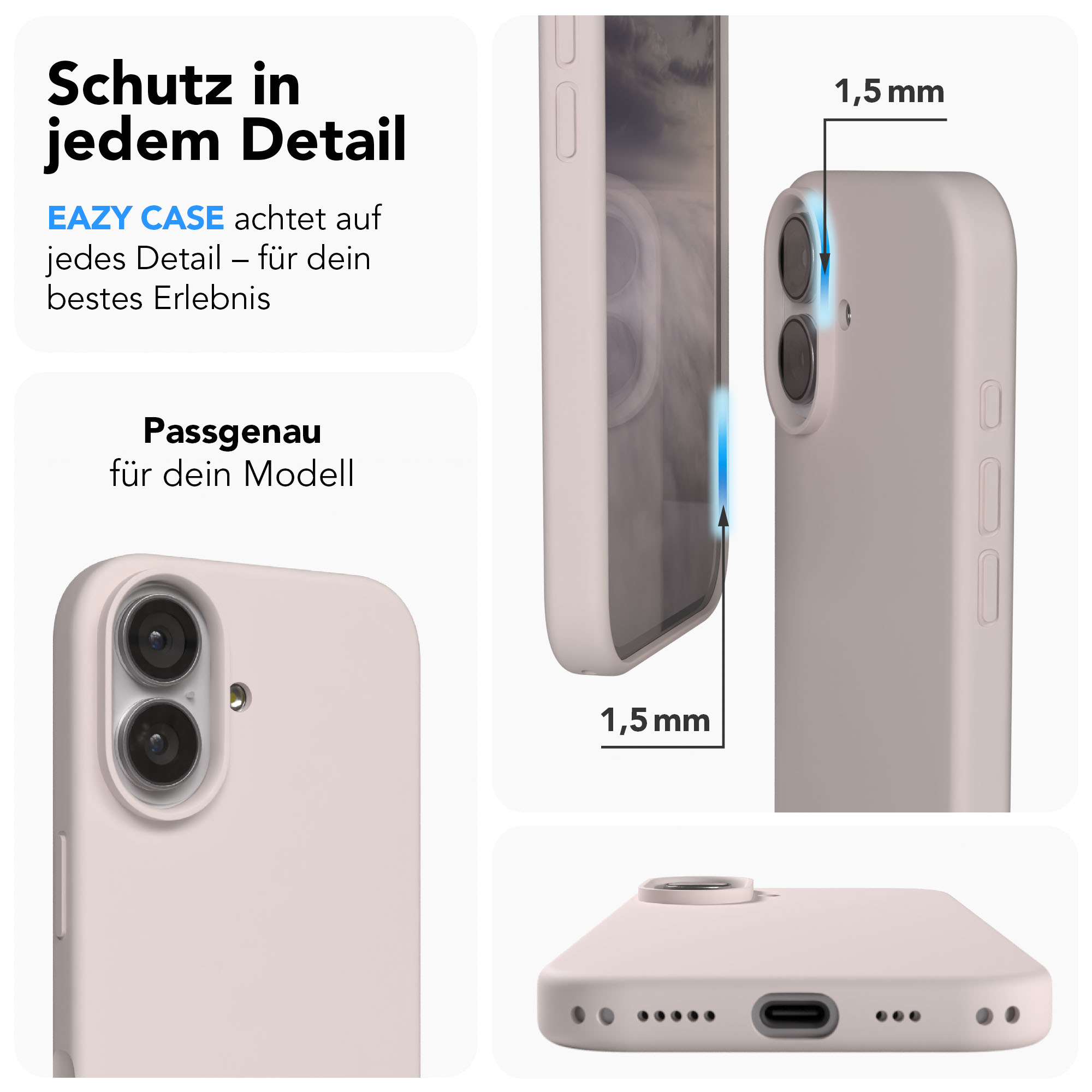 Eine helle Handyhülle mit Kamerabezug. Zeigt 1,5mm Schutz.