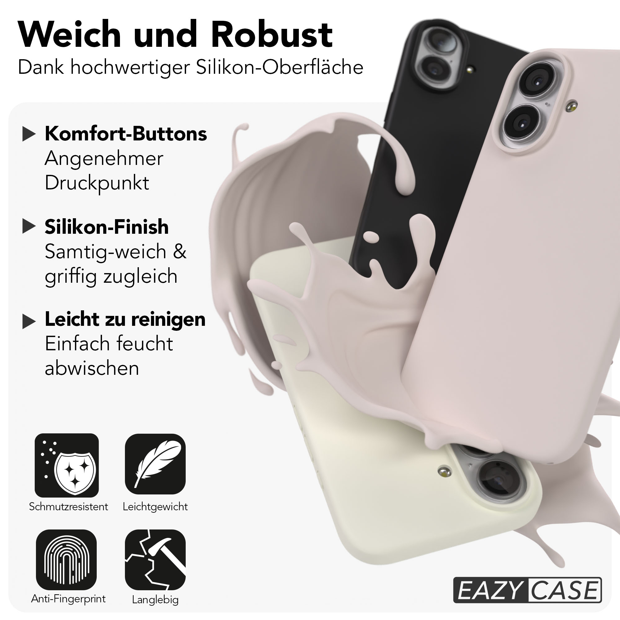 Drei Handyhüllen in Rosa, Schwarz und Gelb, umgeben von cremefarbener Flüssigkeit.