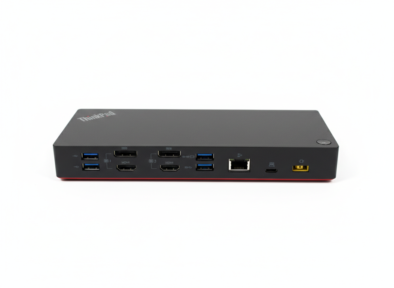 Schwarzer ThinkPad Dockingstation mit Anschlüssen: USB, HDMI, Ethernet.