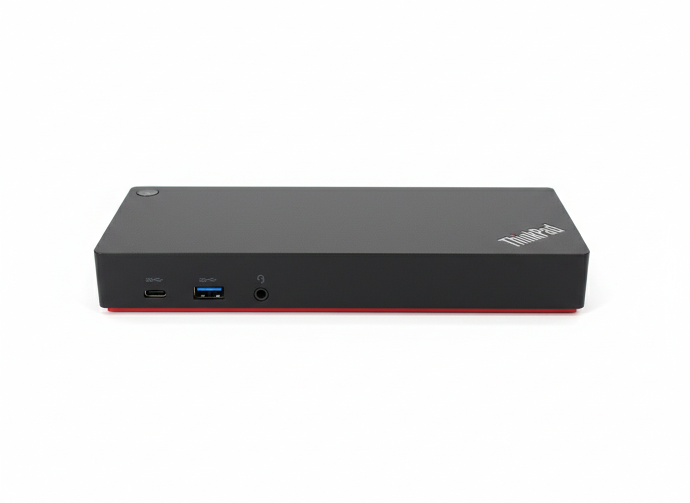 Schwarze ThinkPad Dockingstation mit USB-C, USB-A-Anschlüssen und Kopfhörerbuchse.