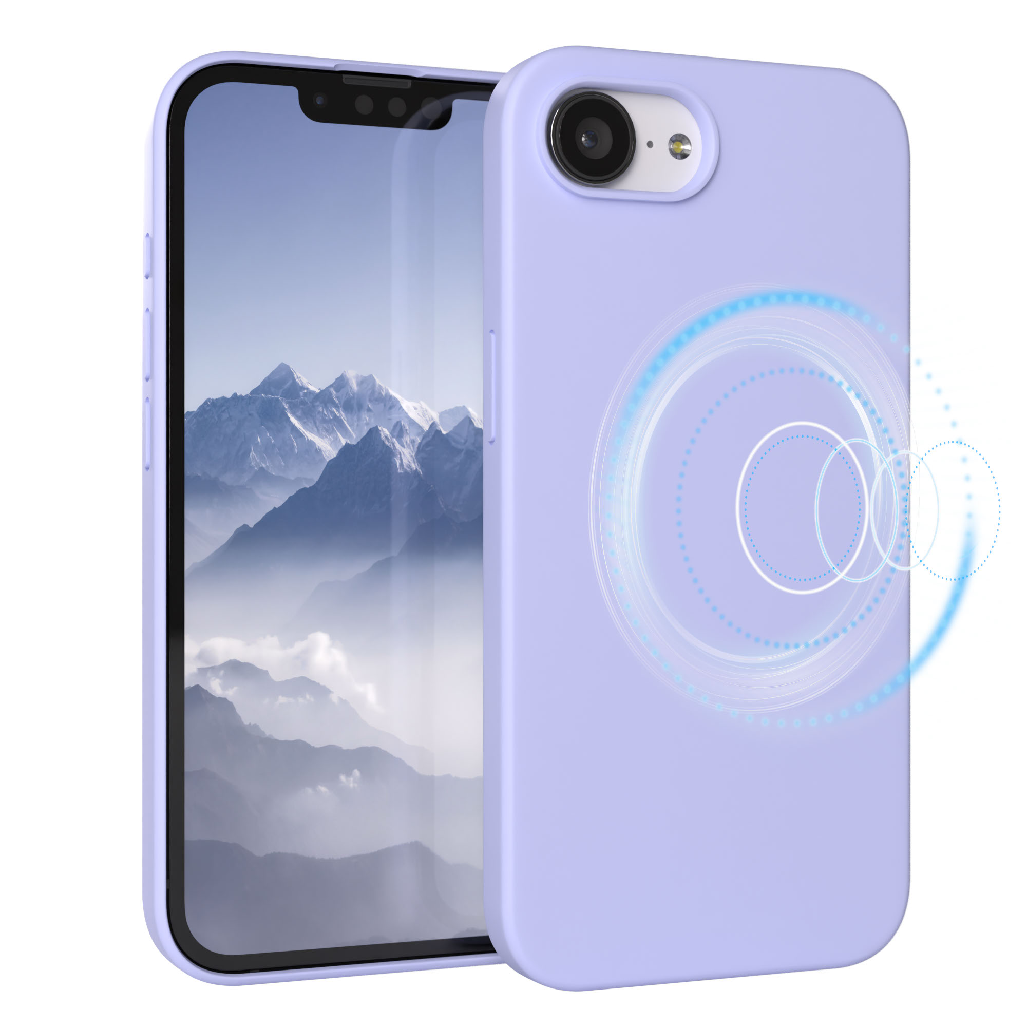 Ein hellviolettes Handy mit Berglandschaft auf dem Bildschirm und Ladeanzeige.