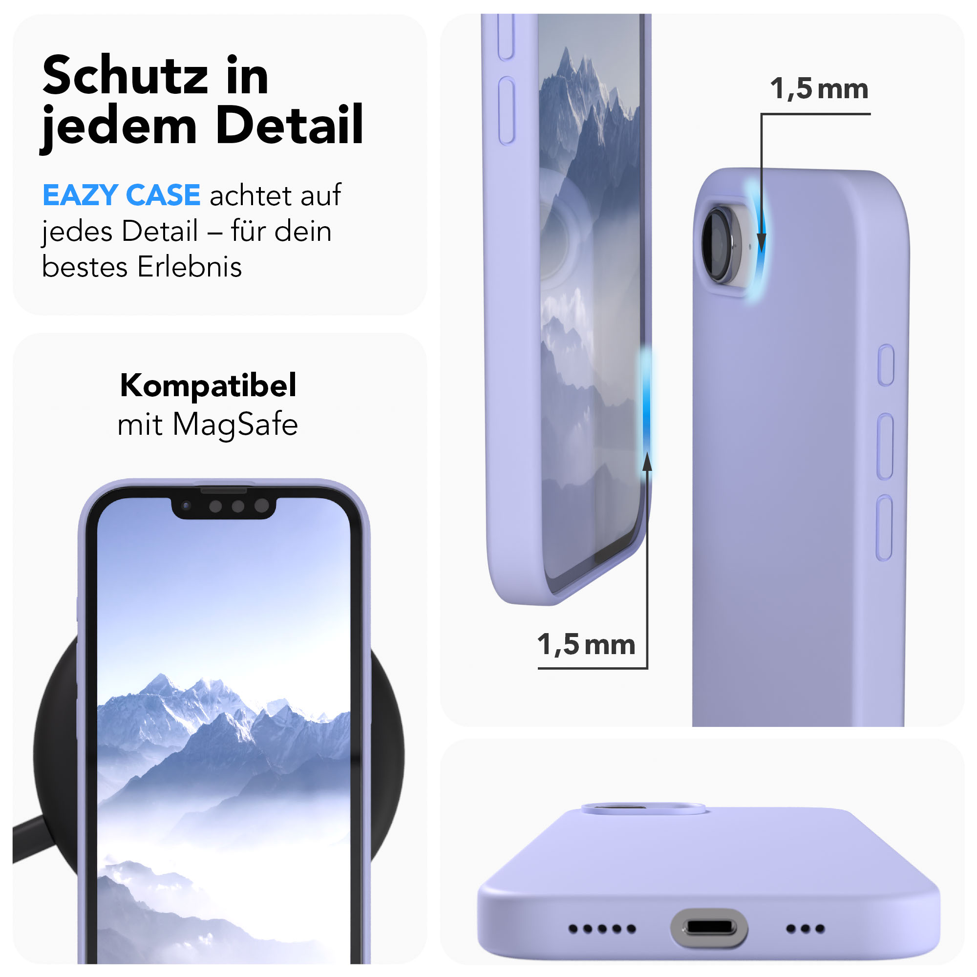 Ein lila Handyhülle mit MagSafe-Kompatibilität und 1,5mm Dicke.