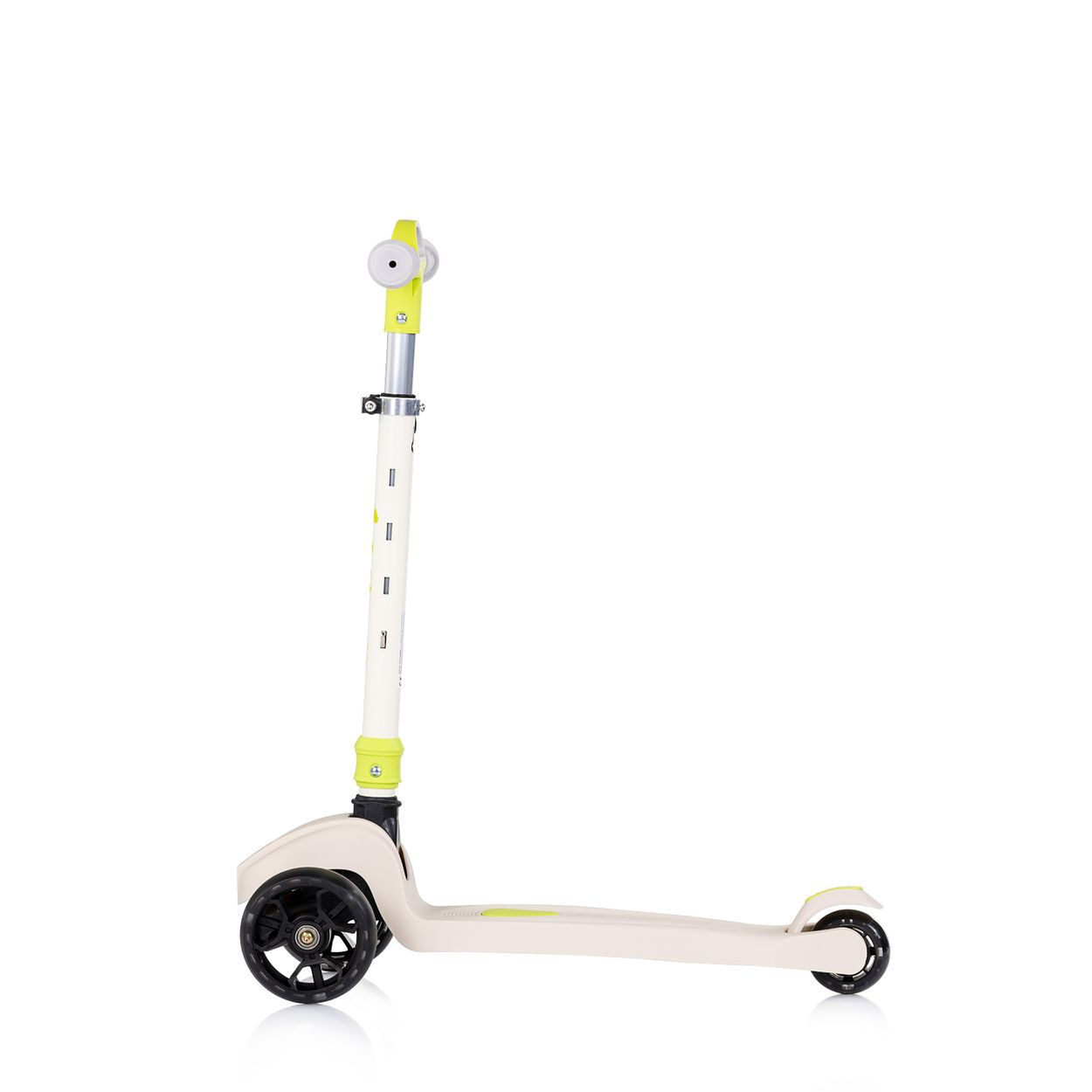 Ein beiger Roller mit weißem Lenker und gelben Akzenten auf weißem Hintergrund.