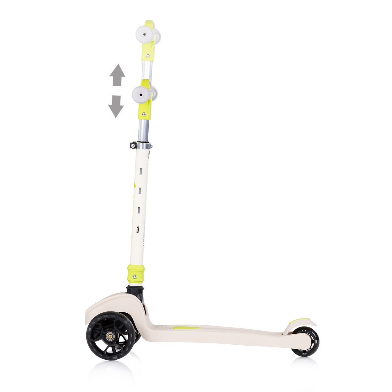 Ein beiger Roller mit gelben Akzenten steht vor weißem Hintergrund.