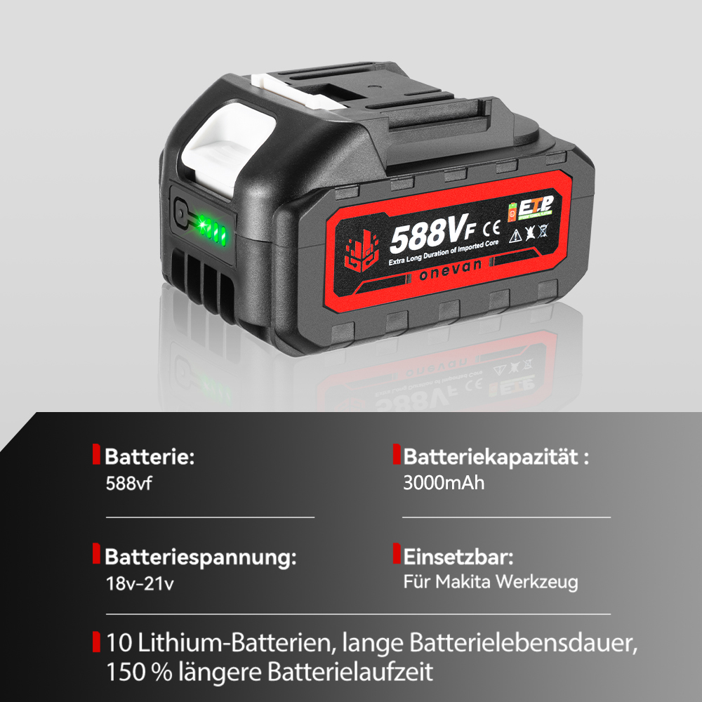 Schwarzer Lithium-Ionen-Akku mit grünen LEDs und 588VF-Aufschrift.