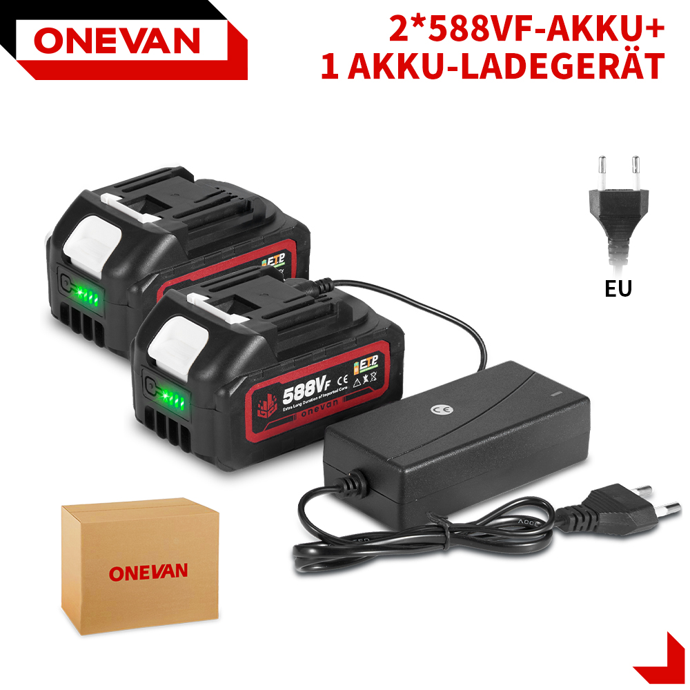 Zwei 588VF-Akkus und ein Ladegerät mit EU-Stecker auf weißem Hintergrund.