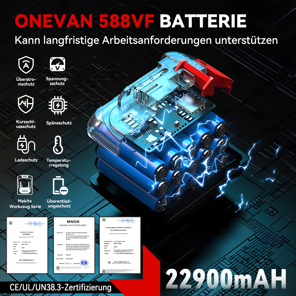 ONEVAN 588VF Batterie mit Schutzfunktionen und 22900mAh Kapazität.
