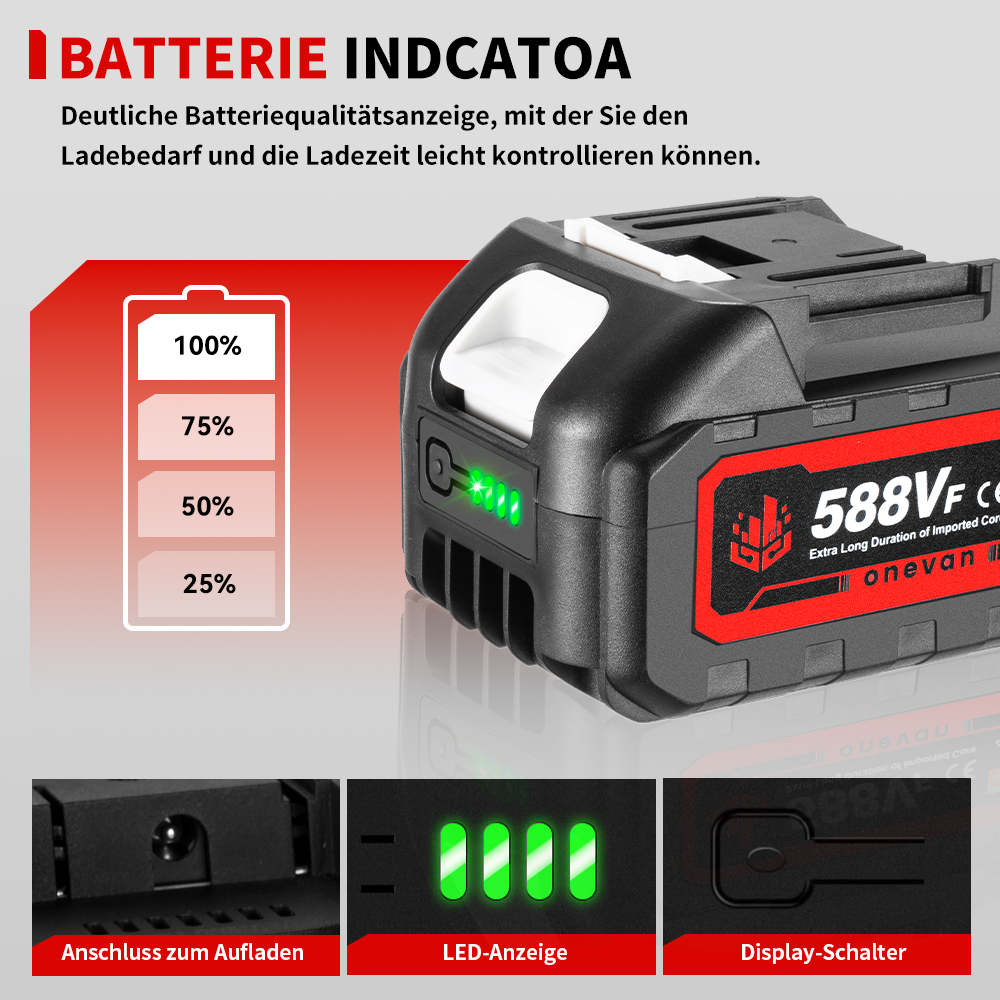 Ein schwarzer Akku mit LED-Anzeige zeigt 100% Ladung. Unten: Ladeanschluss, LED, Schalter.