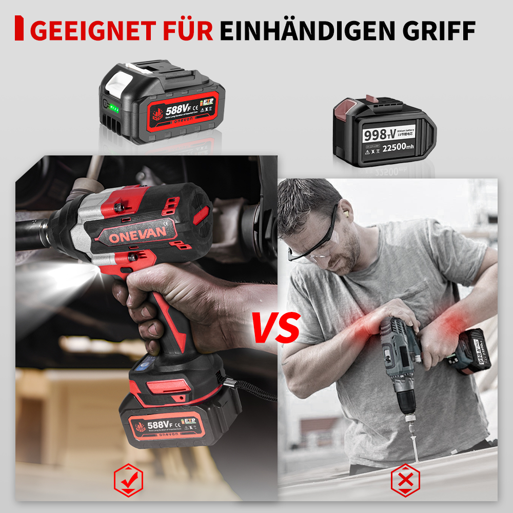 Werkzeuge mit Akkus: Schlagschrauber vs. Bohrer. Geeignet für einhändigen Griff.