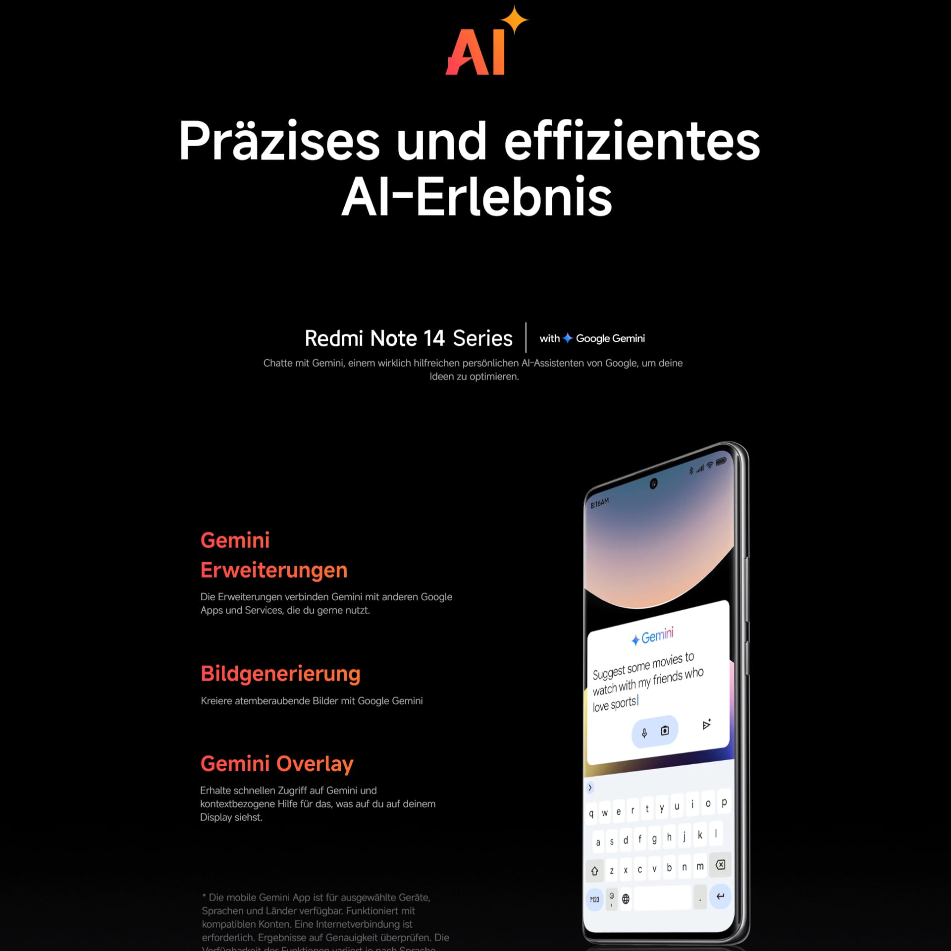 Smartphone zeigt KI-Chatbot Gemini mit Tastatur. Text beschreibt KI-Funktionen.
