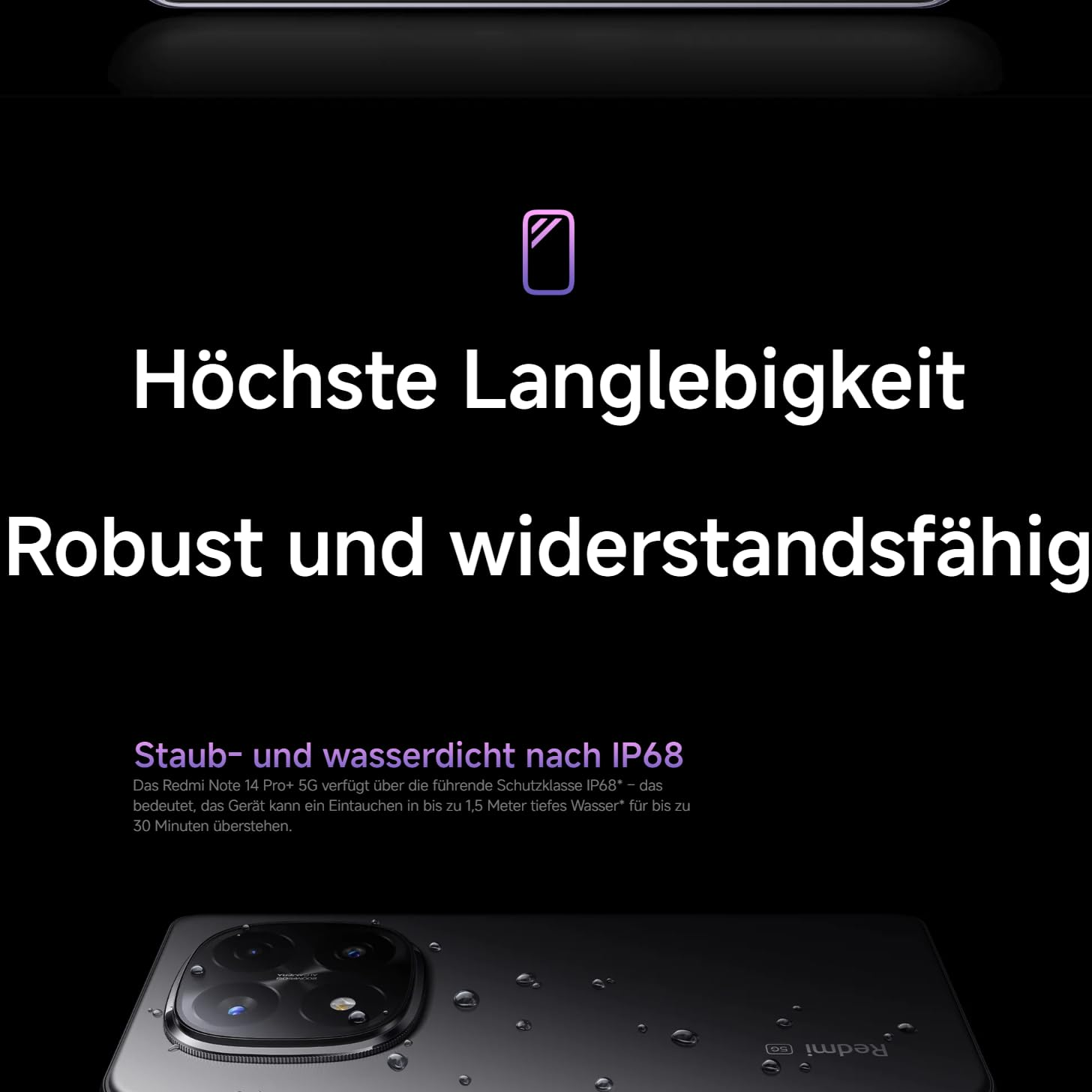 Smartphone mit IP68-Schutz, staub- und wasserdicht. Nahaufnahme der Kamera.