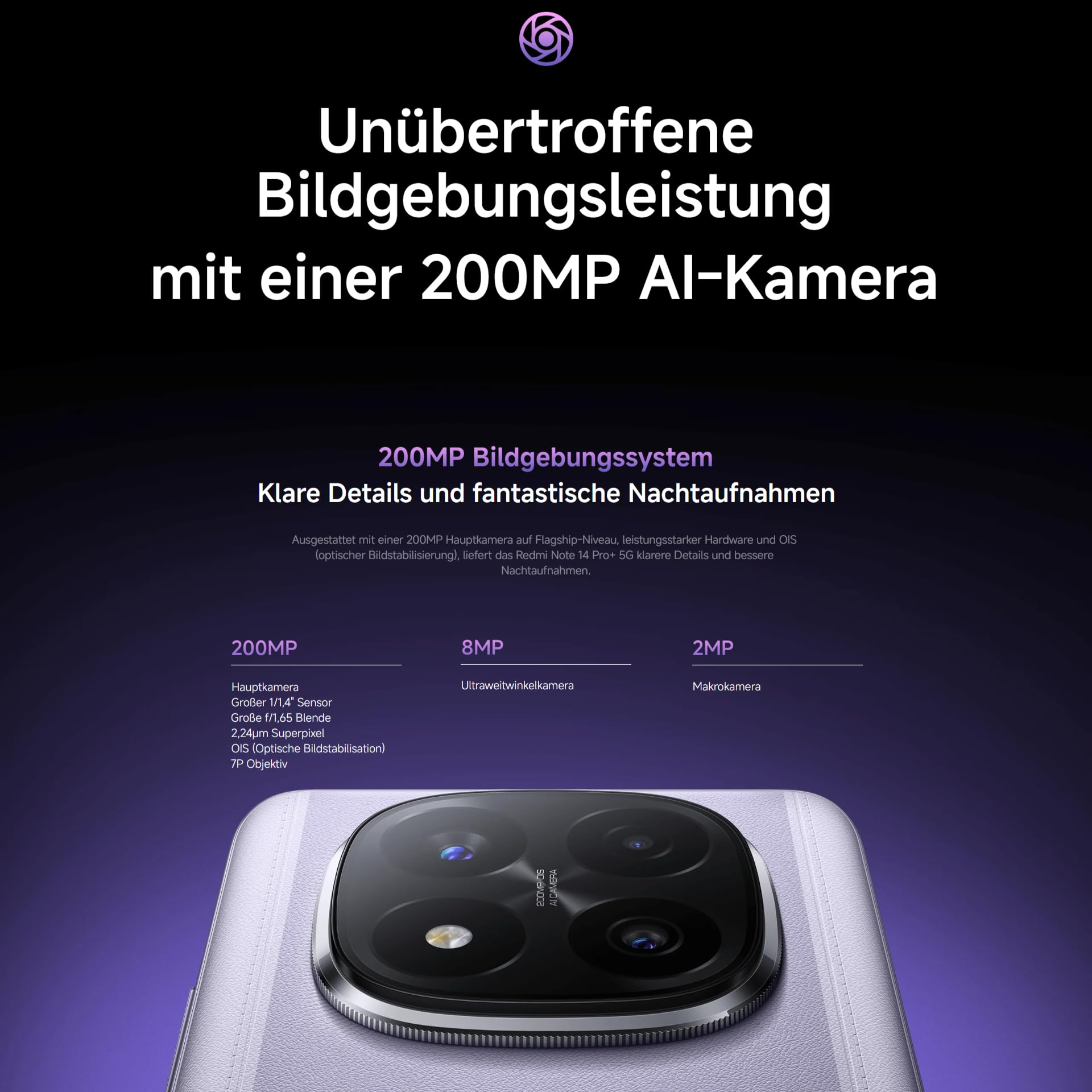 Ein Smartphone mit 200MP AI-Kamera, Ultraweitwinkel und Makro, auf violettem Hintergrund.
