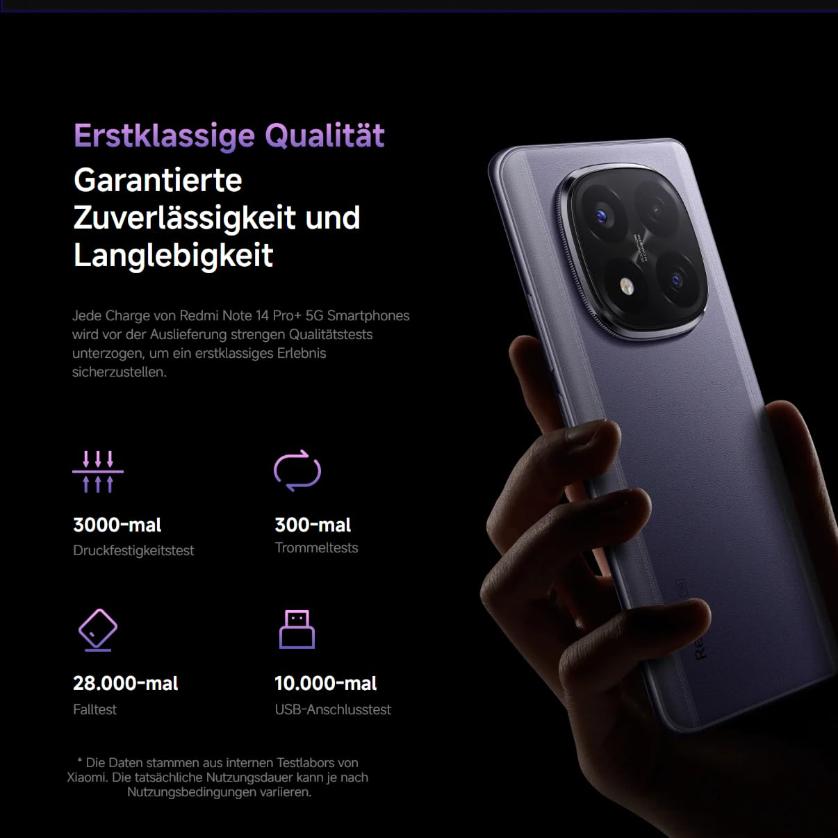 Ein lila Smartphone wird gezeigt mit Text über Qualität und Tests.
