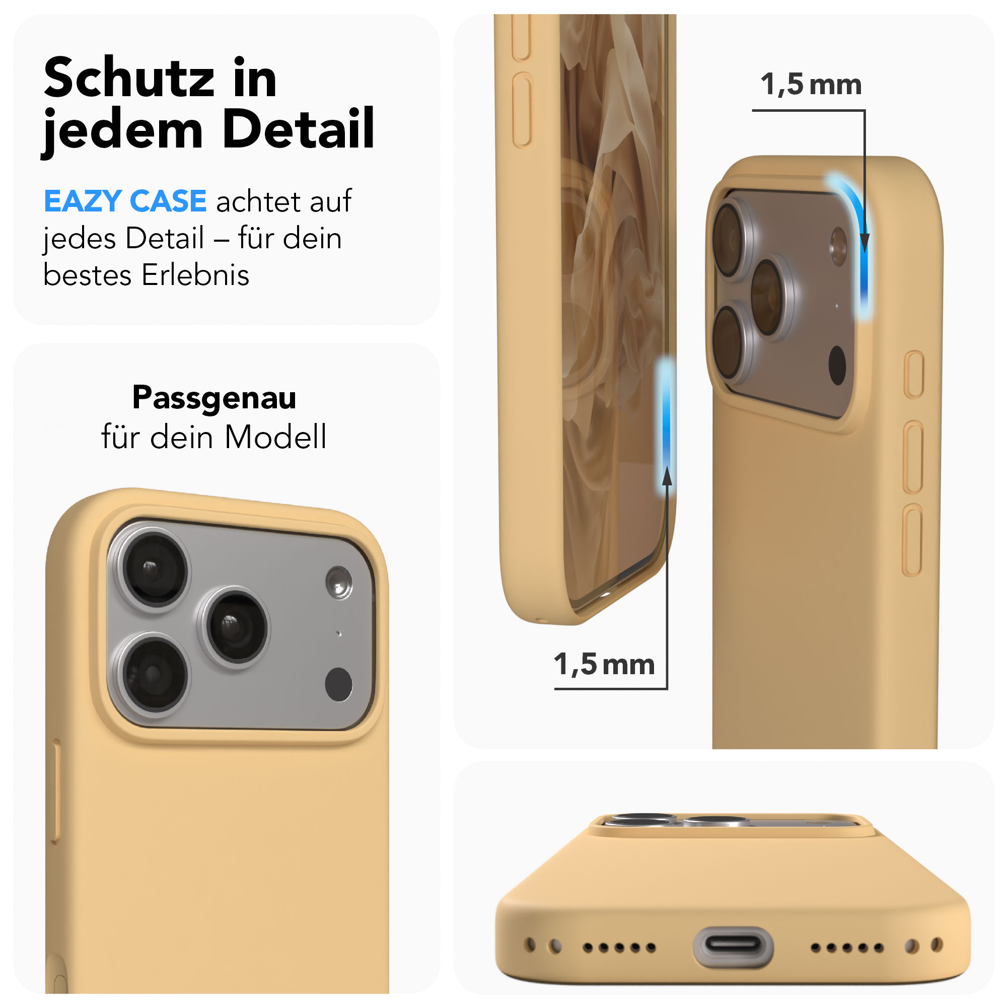 Gelbe Handyhülle schützt Kameras, hat 1,5 mm Rand und präzise Aussparungen.
