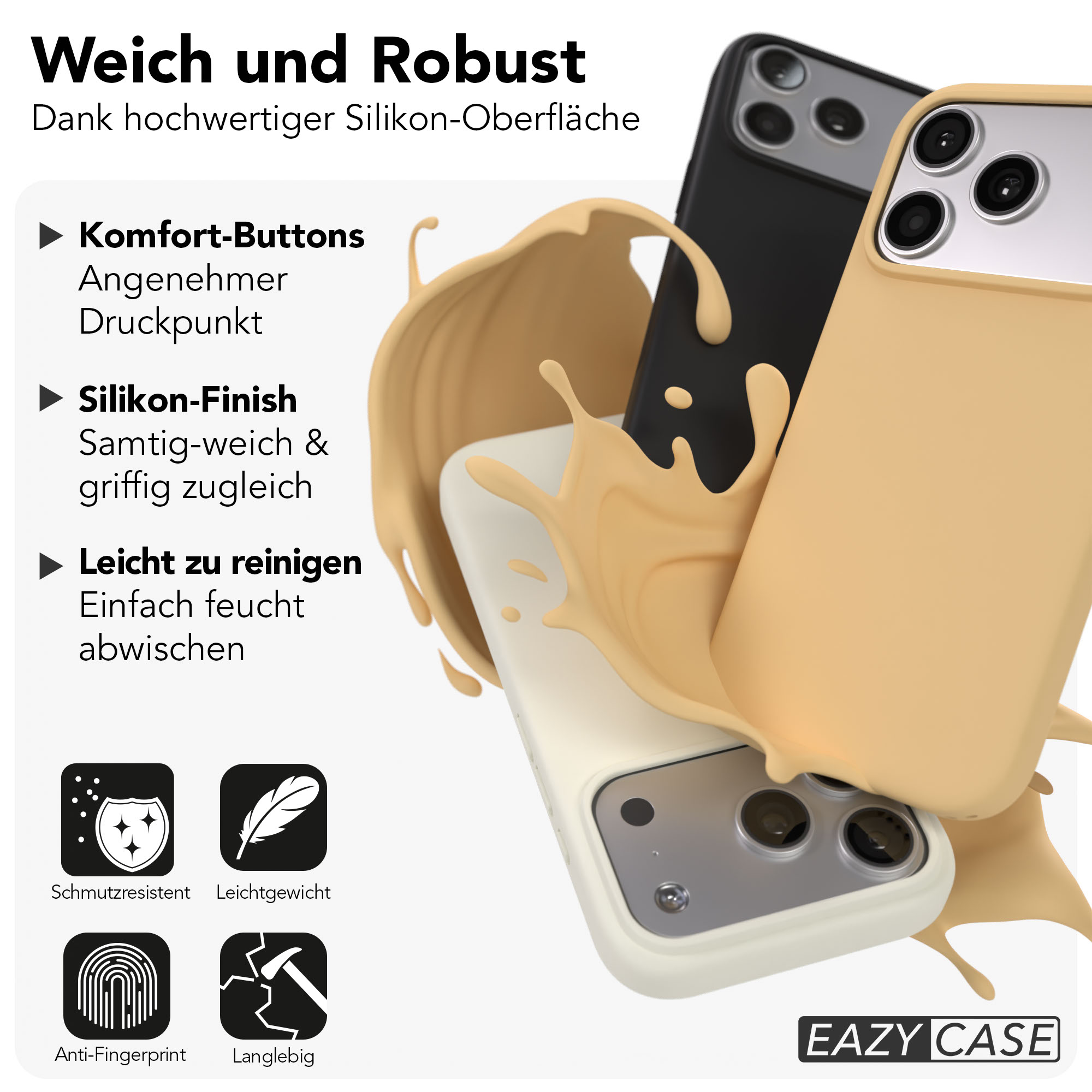 Drei Silikonhüllen in Beige, Schwarz und Weiß, von cremiger Flüssigkeit umspült.