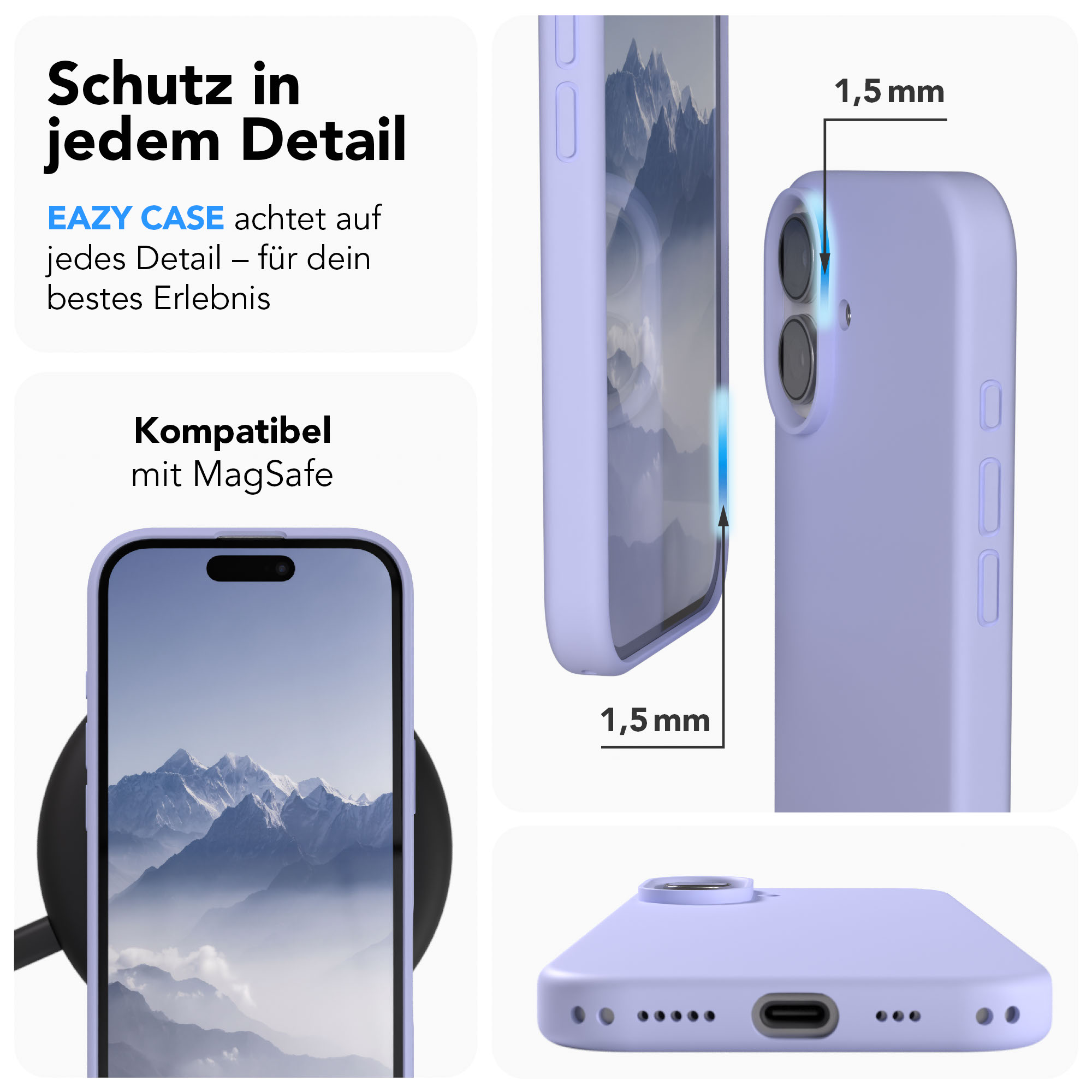 Ein lila Handyhülle wird gezeigt, um Details und MagSafe-Kompatibilität hervorzuheben.