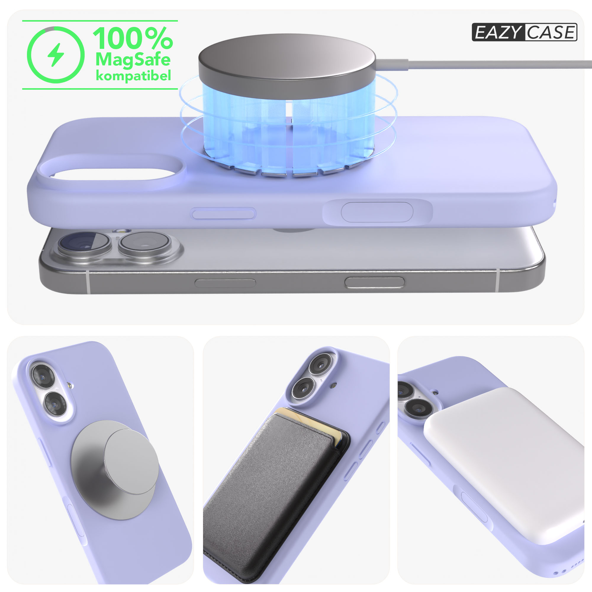 Lila Hülle auf silbernem Handy, MagSafe Ladekabel, Zubehör.