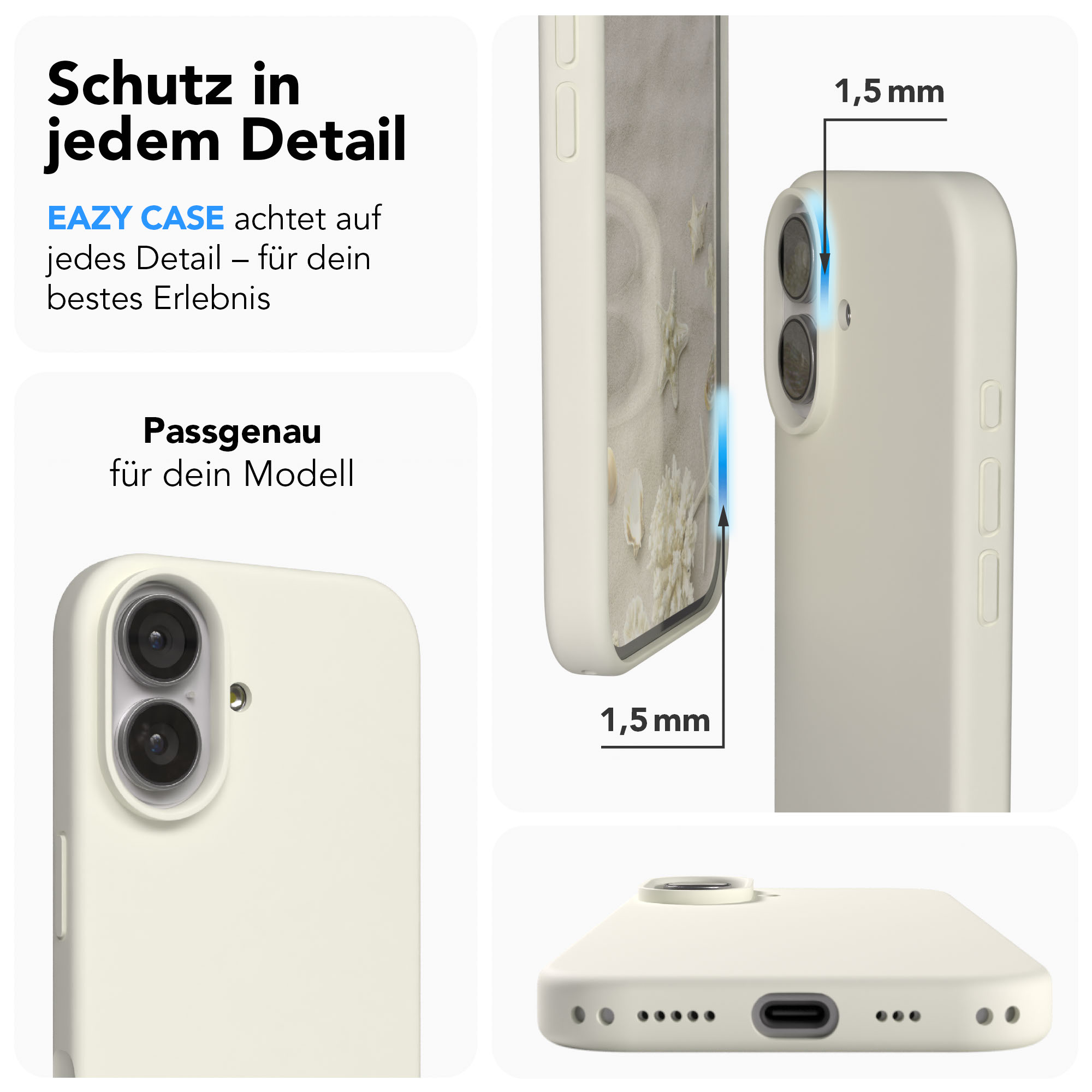 Eine helle Handyhülle mit Fokus auf Details und Kameraöffnung.