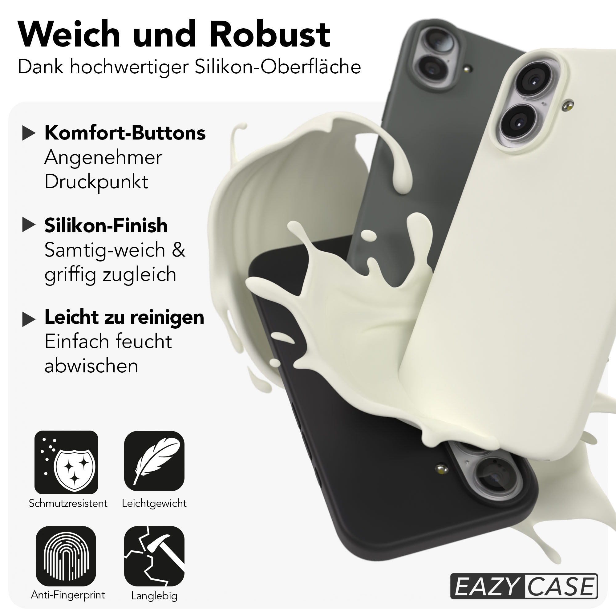 Zwei Handyhüllen, eine weiße und eine graue, mit weißer Flüssigkeitsspritzern.