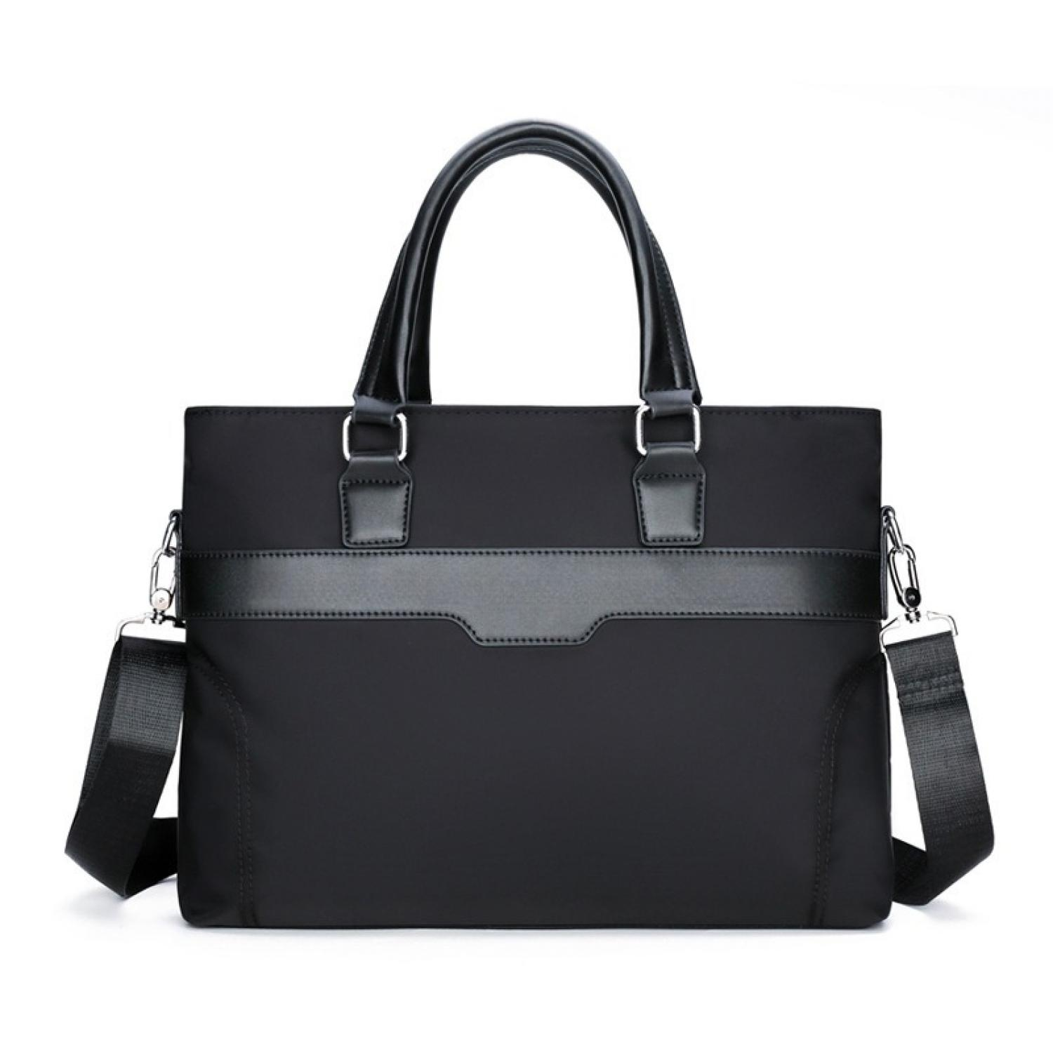 Schwarze Laptoptasche mit Henkeln und abnehmbarem Tragegurt.