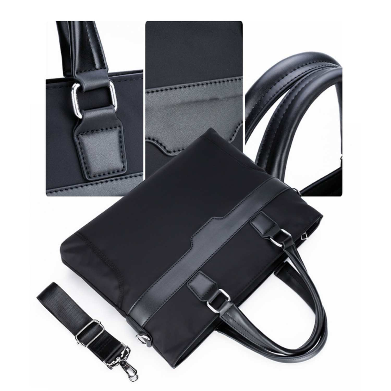 Schwarze Herrentasche mit Lederdetails und abnehmbarem Riemen.