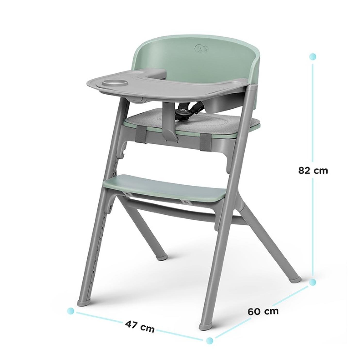 Ein zusammenklappbarer Hochstuhl in Grau und Mintgrün mit Tablett.