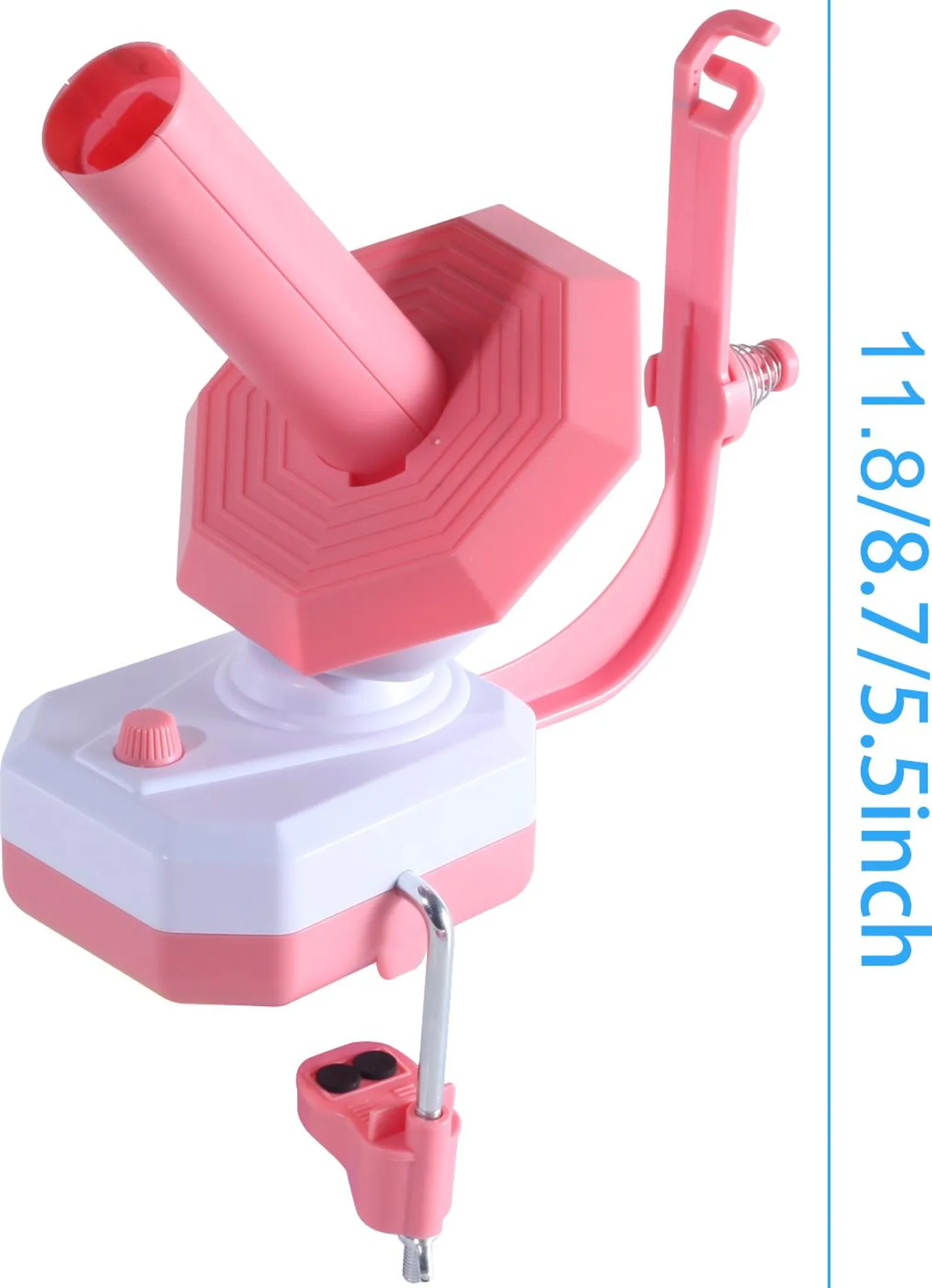 Ein pinker Wollwickler mit einer Kurbel und einem Klemmfuß.