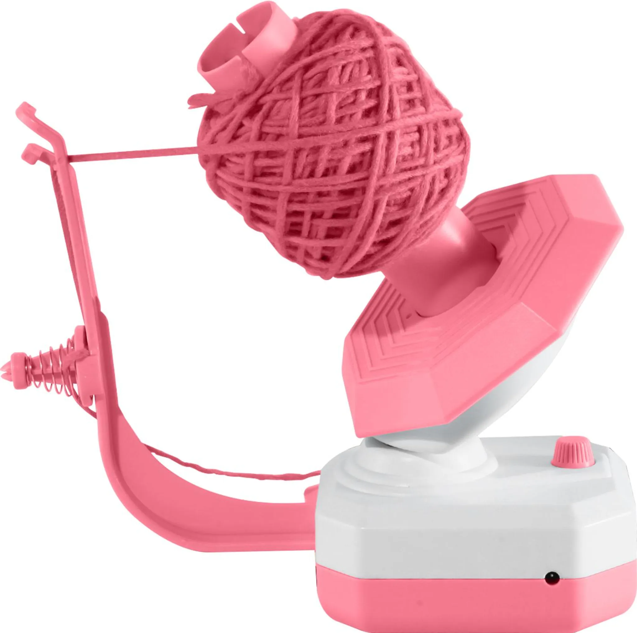 Pinker Garnwickler mit Garnknäuel und Spule auf weißem Hintergrund.