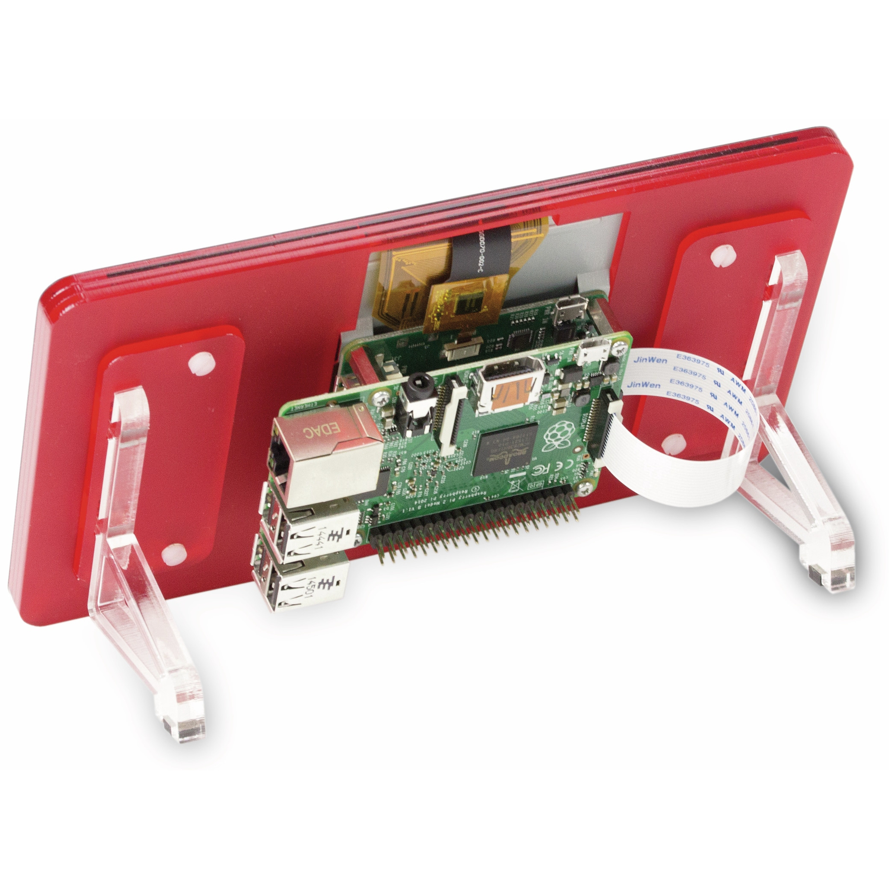 Ein Raspberry Pi mit rotem Gehäuse und transparenten Ständern.