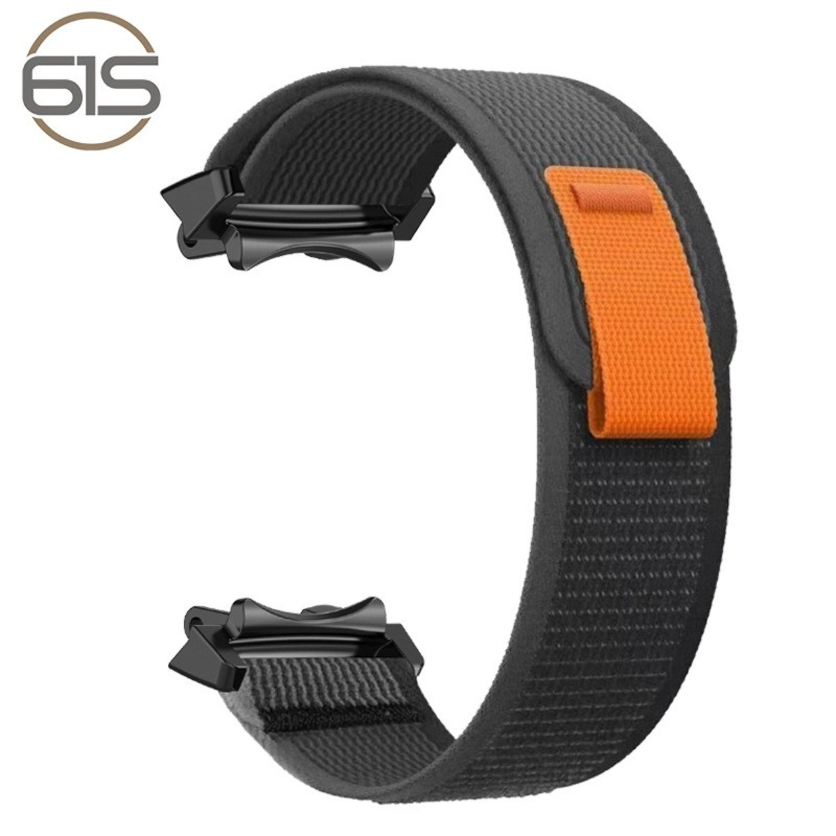 Schwarzes Uhrenarmband aus Stoff mit orangefarbener Schlaufe und schwarzen Anschlüssen.
