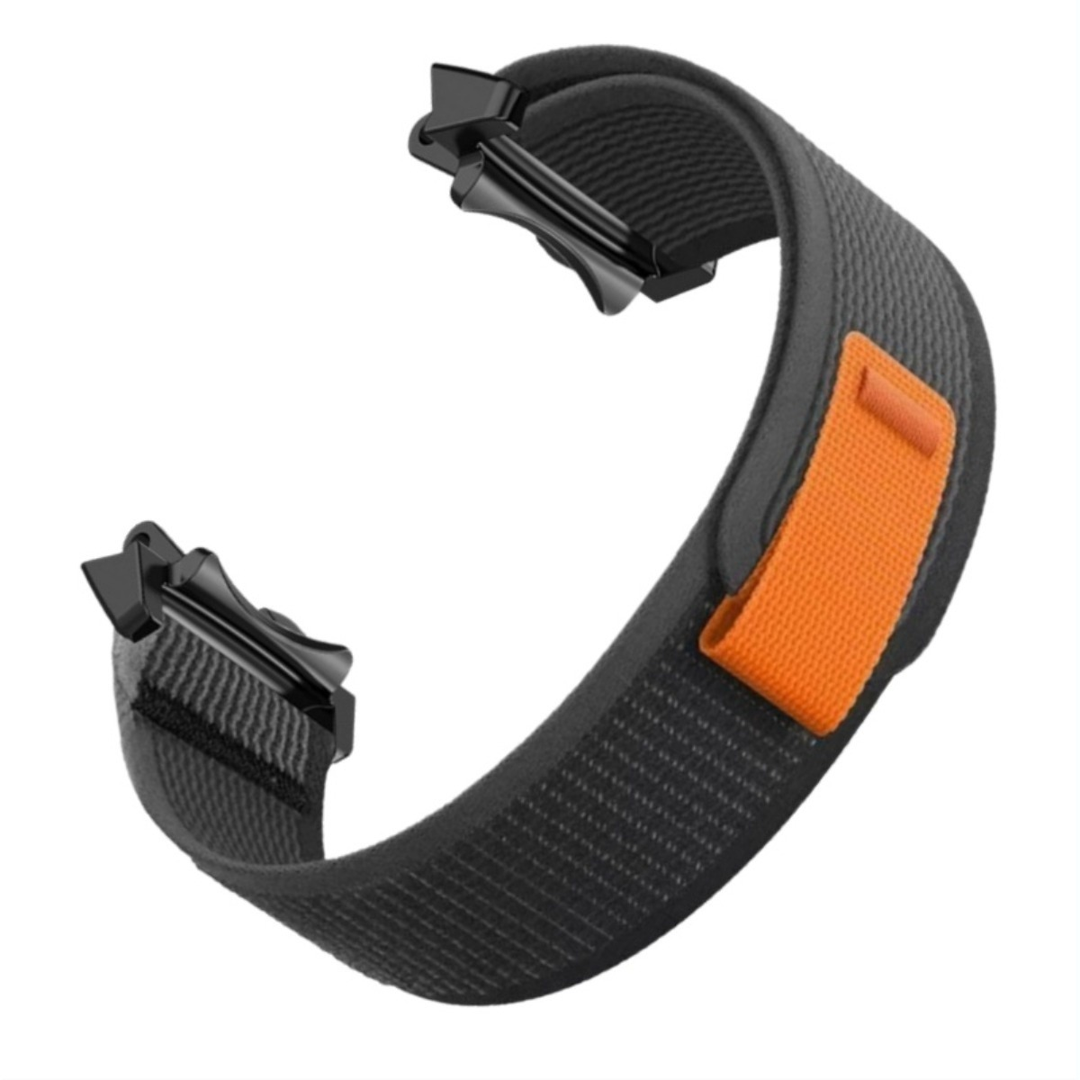 Schwarzes Uhrenarmband mit orangefarbener Schlaufe und schwarzen Clips.