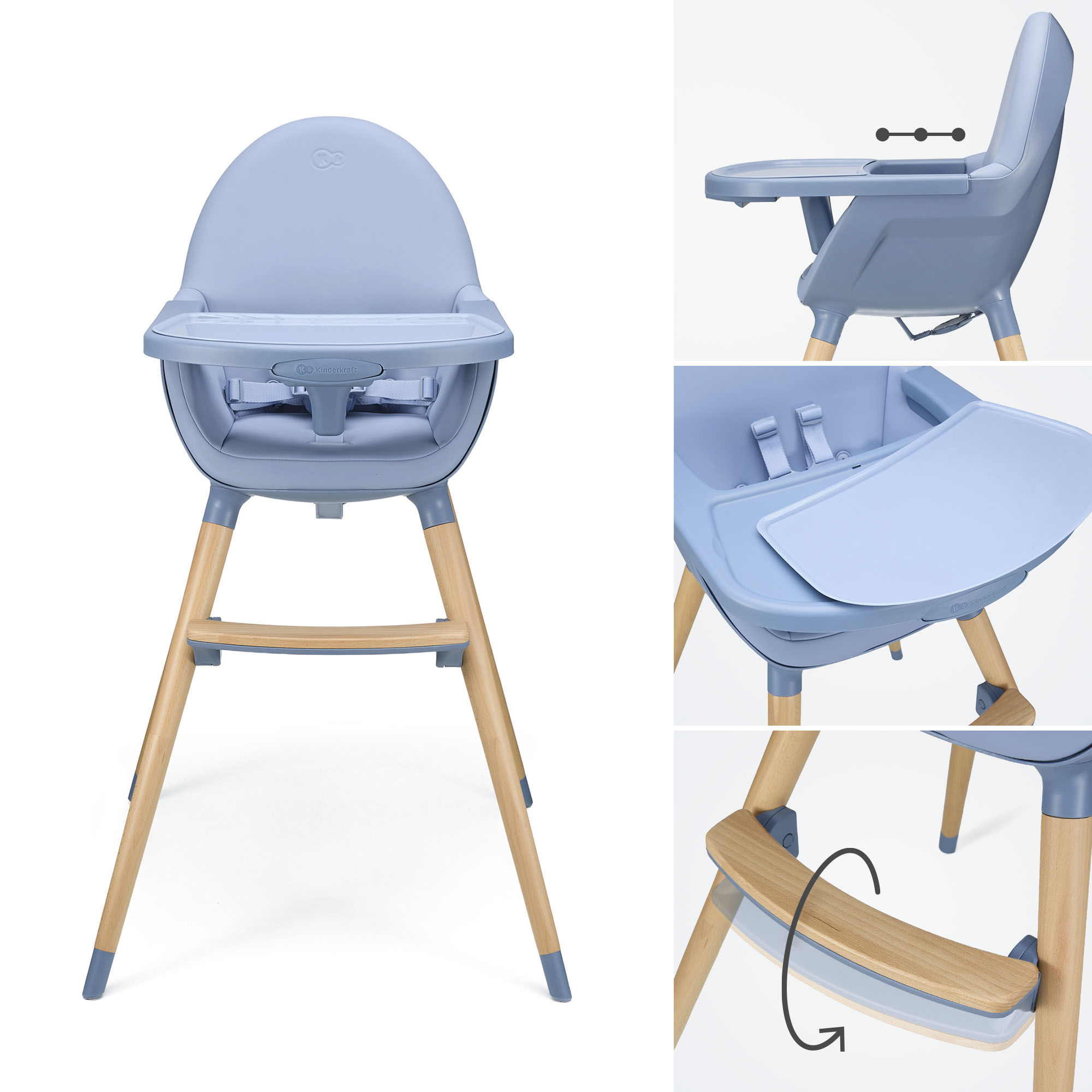 Ein blauer Hochstuhl für Babys mit Holzbeinen und abnehmbarem Tablett.