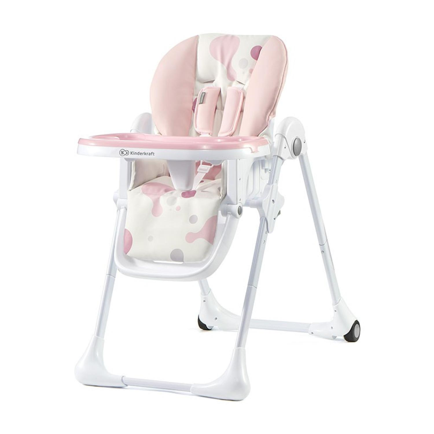 Ein rosa Kinderhochstuhl mit Tupfenmuster, weißem Rahmen und Tablett.