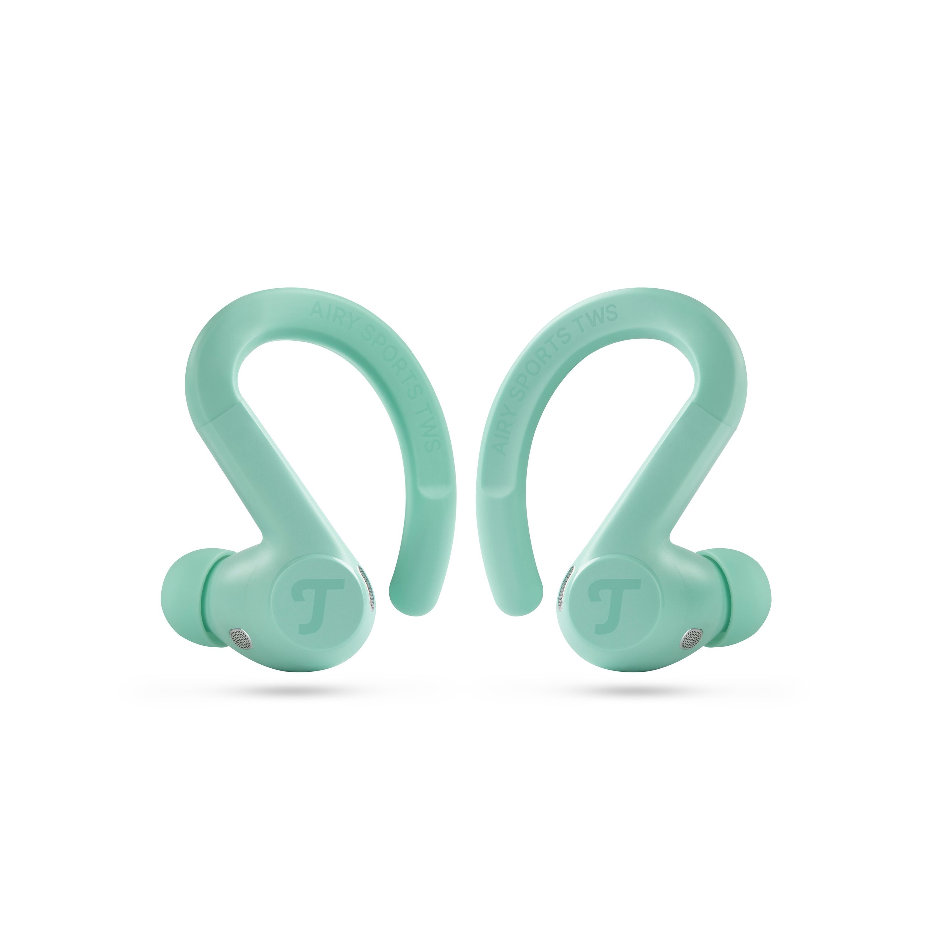 Due auricolari sportivi verde menta con ganci e logo T su sfondo bianco.