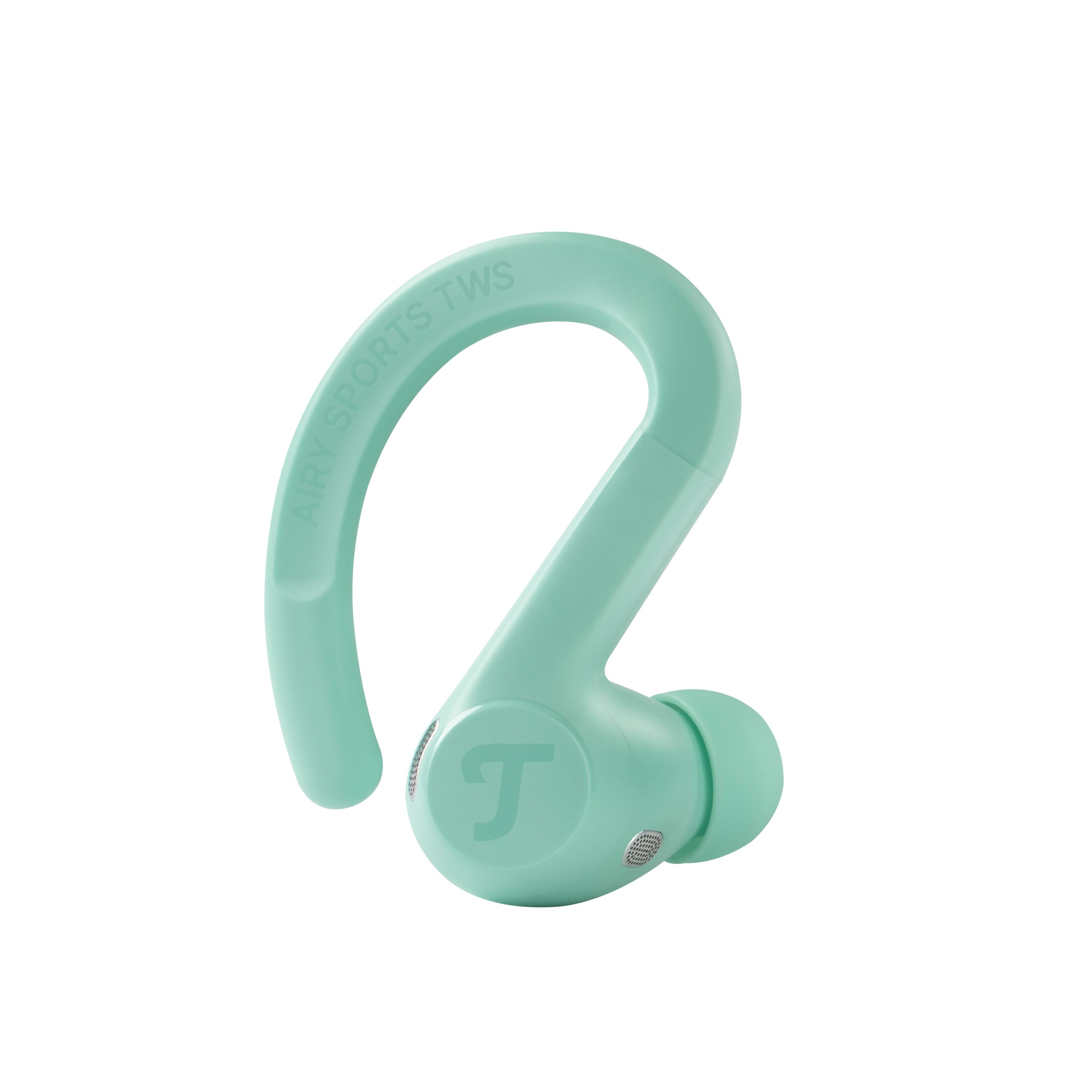 Un auricolare sportivo verde menta con gancio e logo Teufel su sfondo bianco.