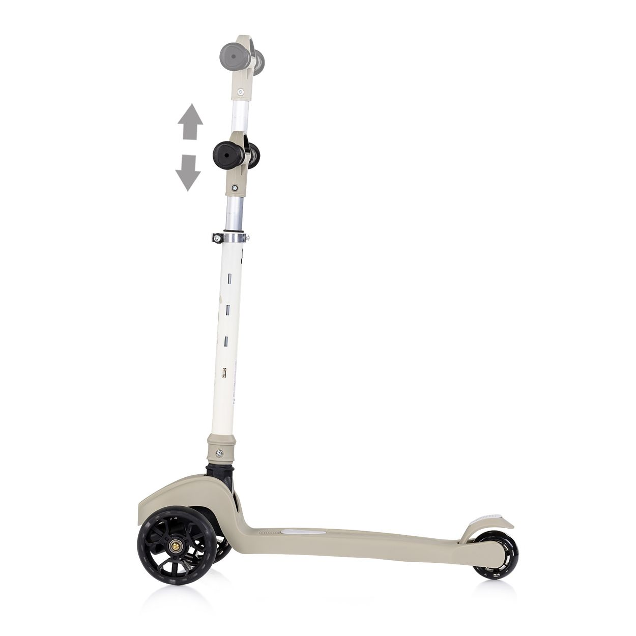 Beige Roller mit drei Rädern und verstellbarem Lenker mit Pfeilen.