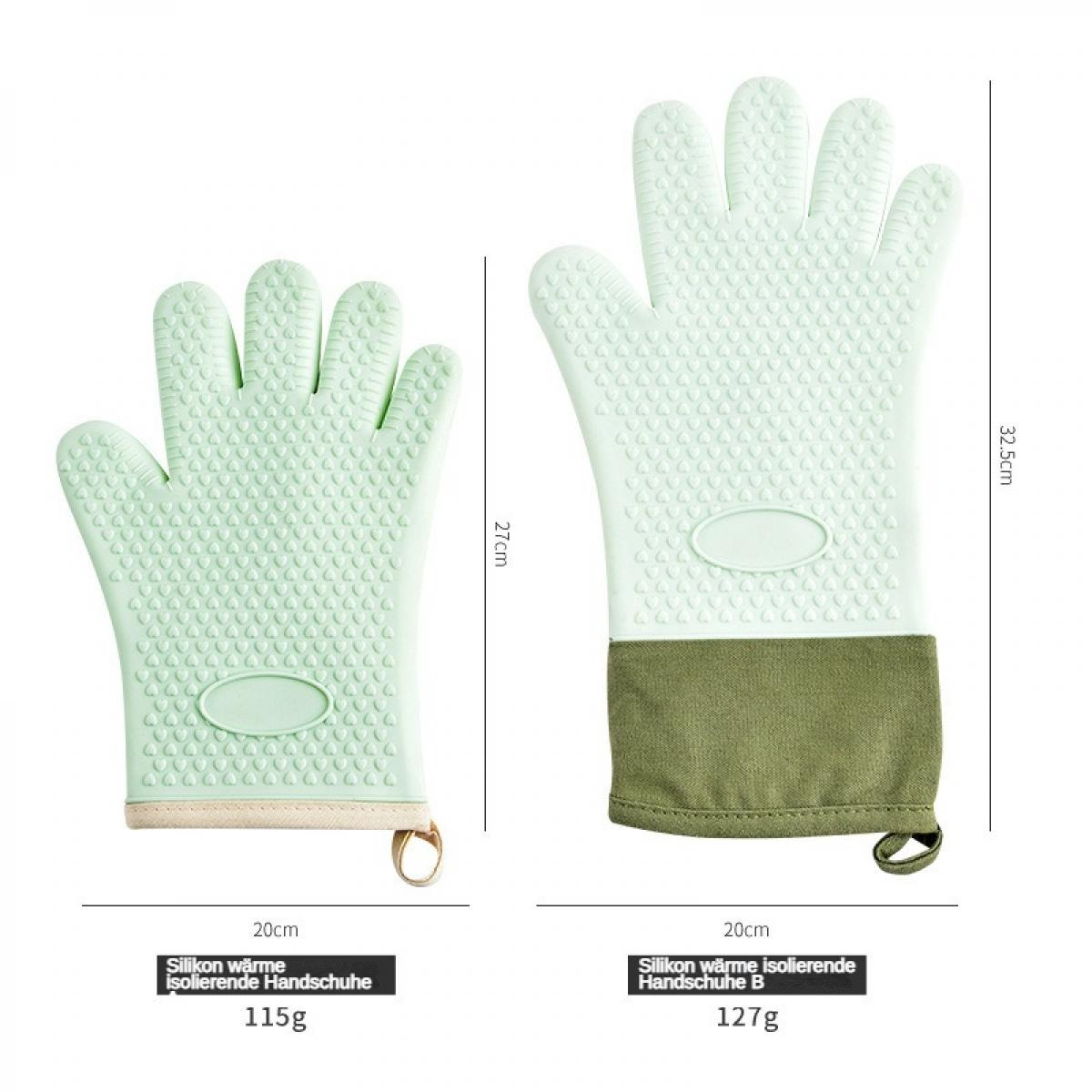 Zwei mintgrüne Silikonhandschuhe, einer 27cm, der andere 32.5cm.