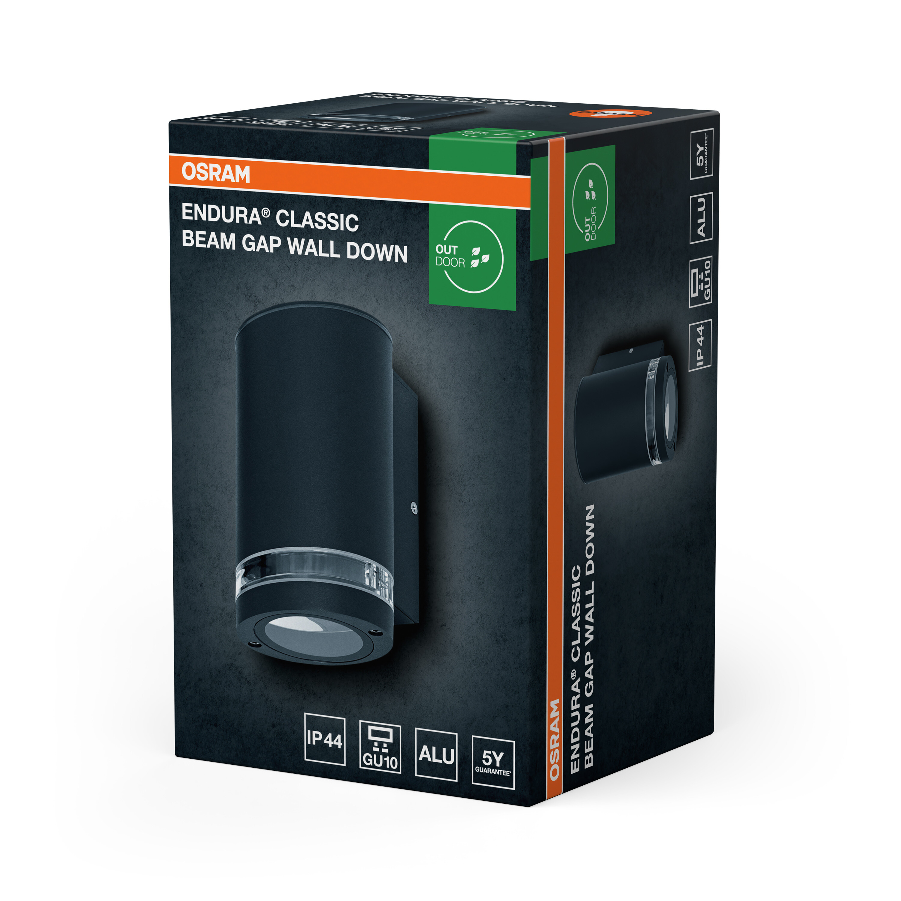 Osram Endura Classic Außenwandleuchte, dunkelgraue Verpackung mit Produktbild.