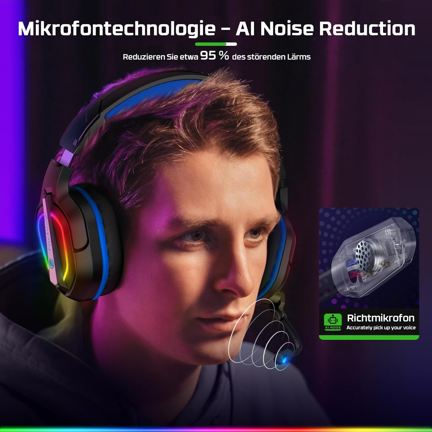 Mężczyzna w słuchawkach, technologia mikrofonu, redukcja szumów AI, 95% redukcji szumów.