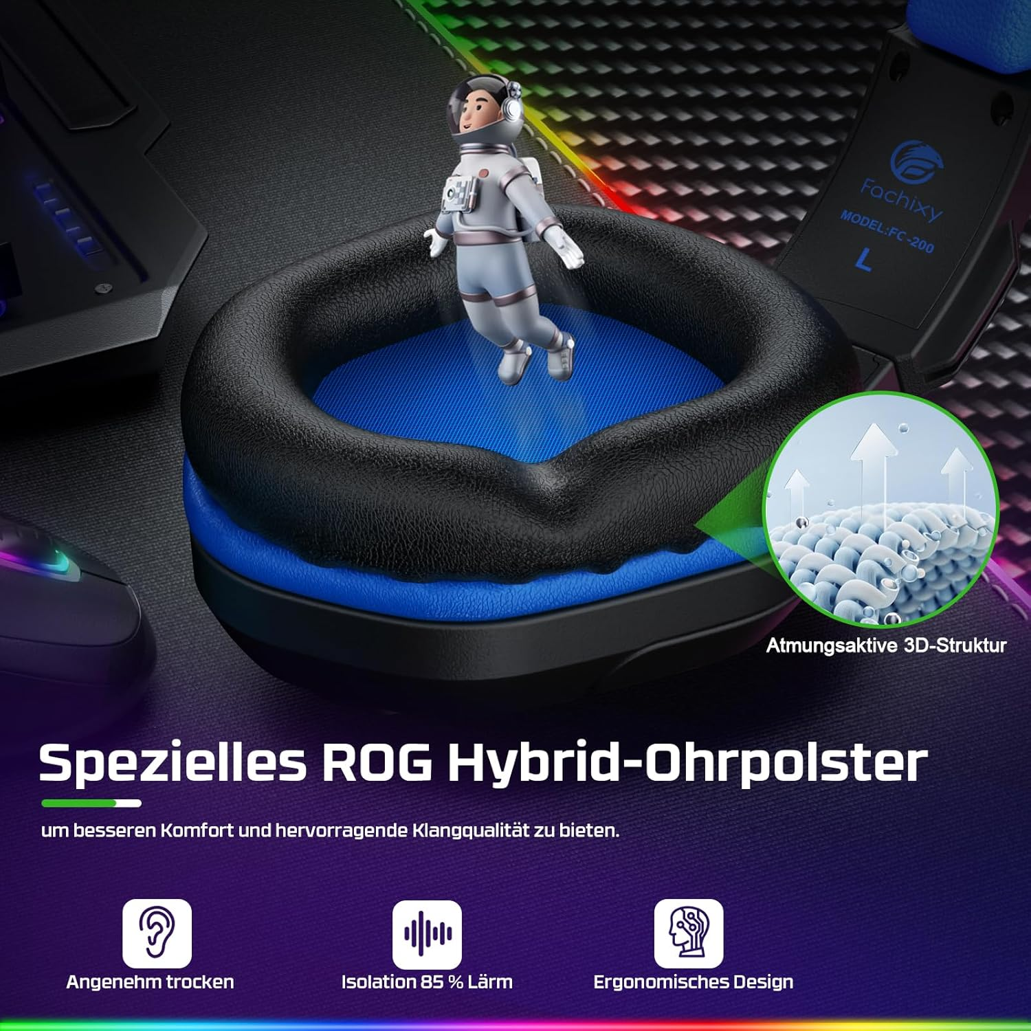 Astronauta na słuchawkach z niebieską wyściółką. Tekst o komforcie i dźwięku.