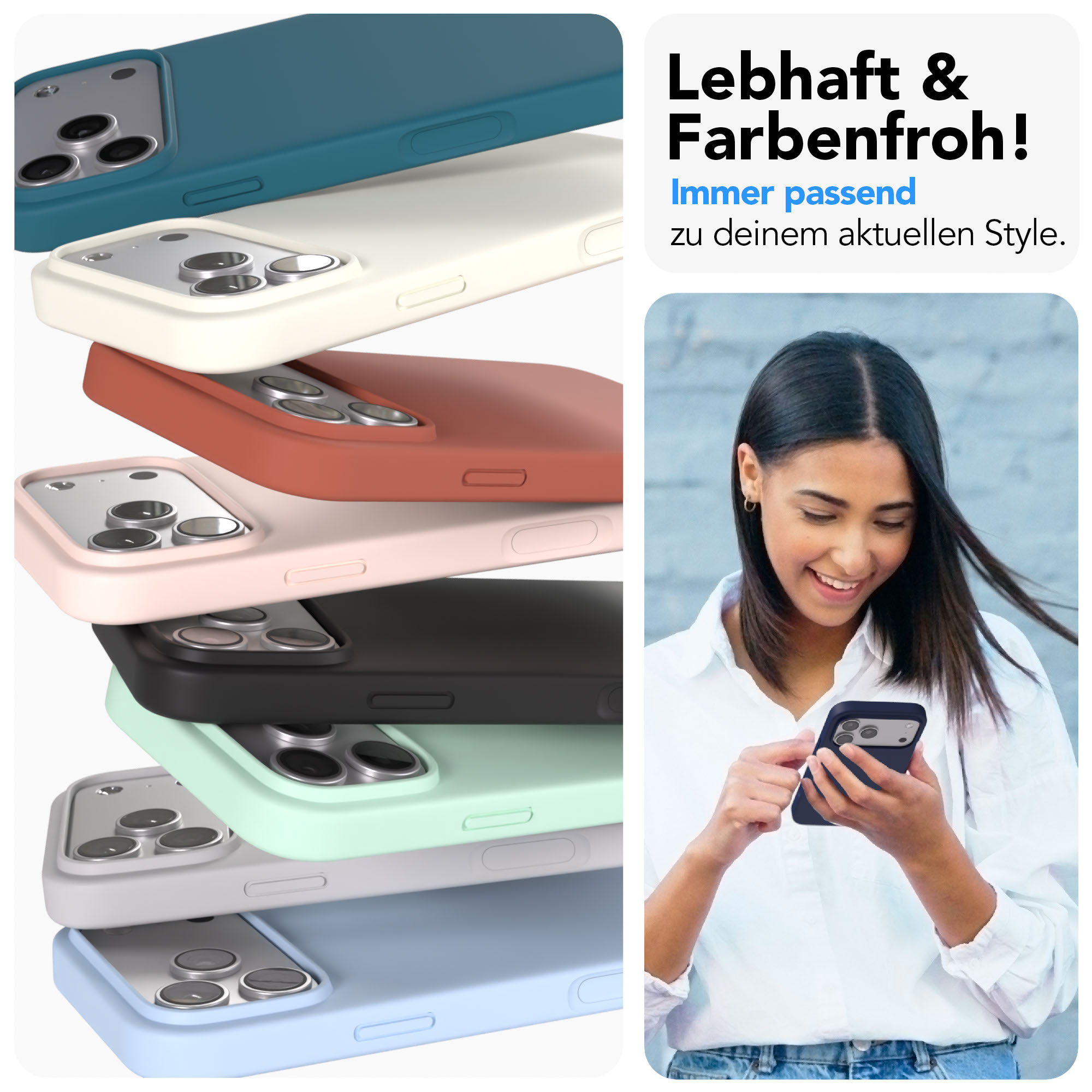 Stapel von bunten Handyhüllen mit einem Mädchen, das ein Handy benutzt.