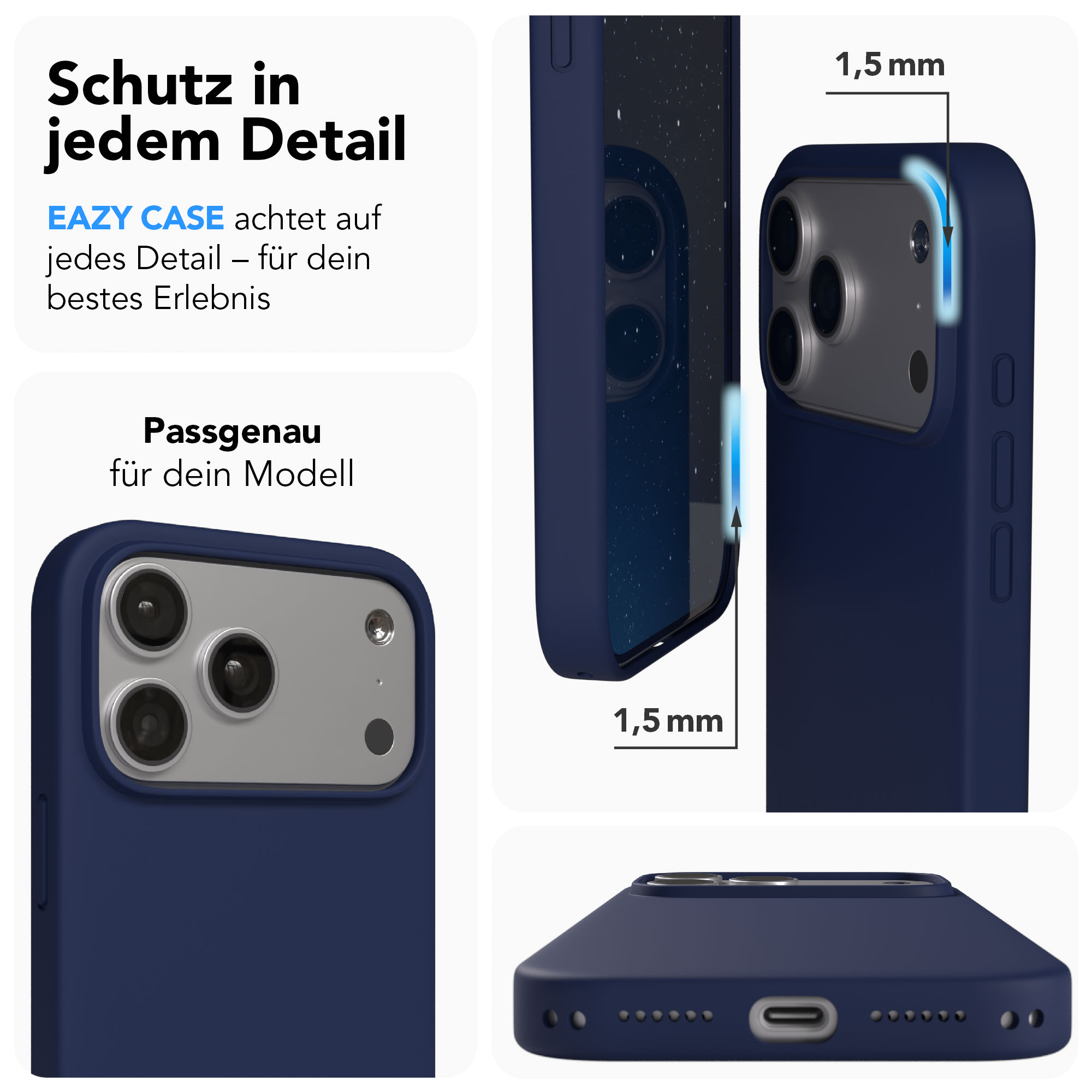 Dunkelblaue Handyhülle mit Kameraöffnung und 1,5mm Rand.