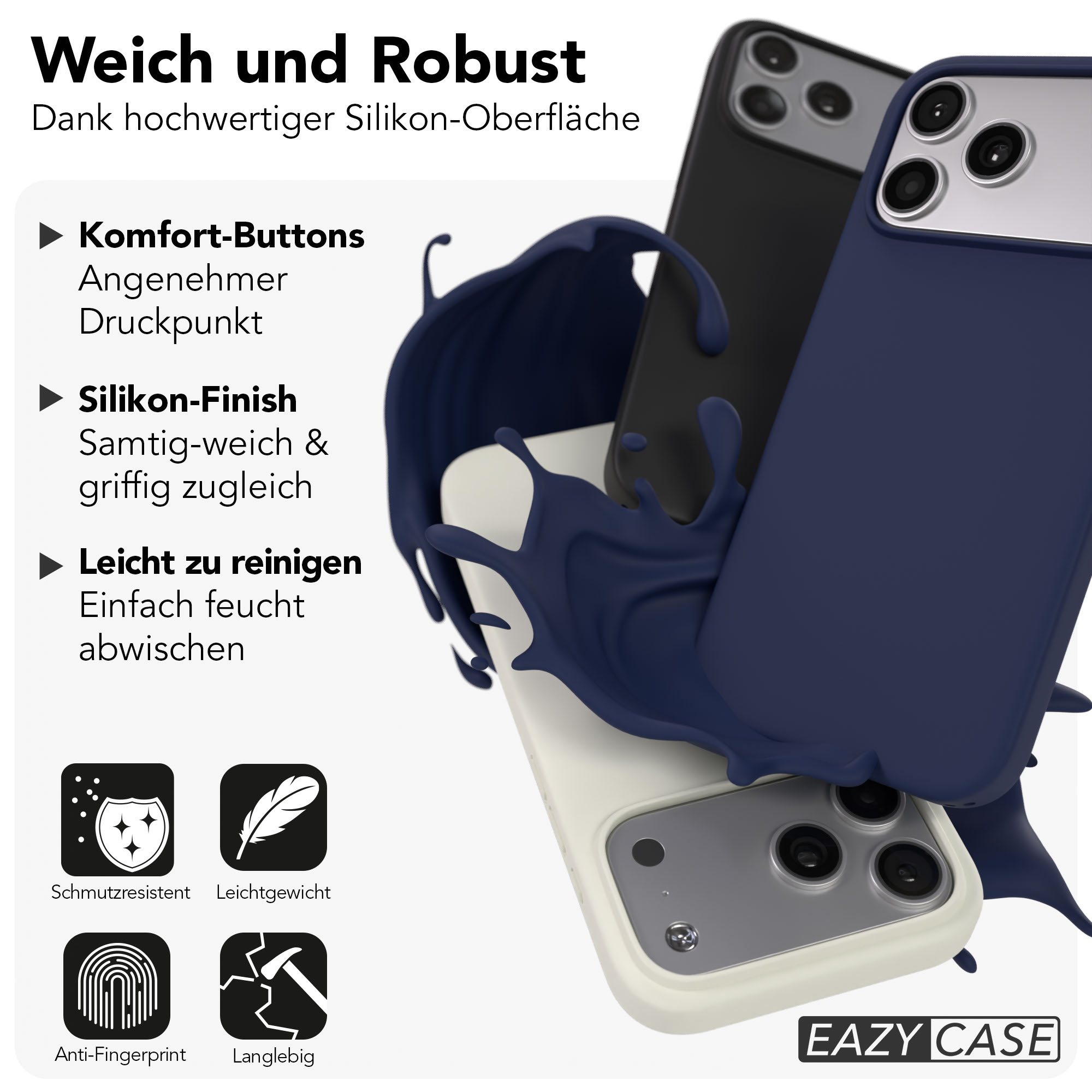 Drei iPhone-Hüllen: eine marineblaue, eine schwarze und eine cremefarbene.