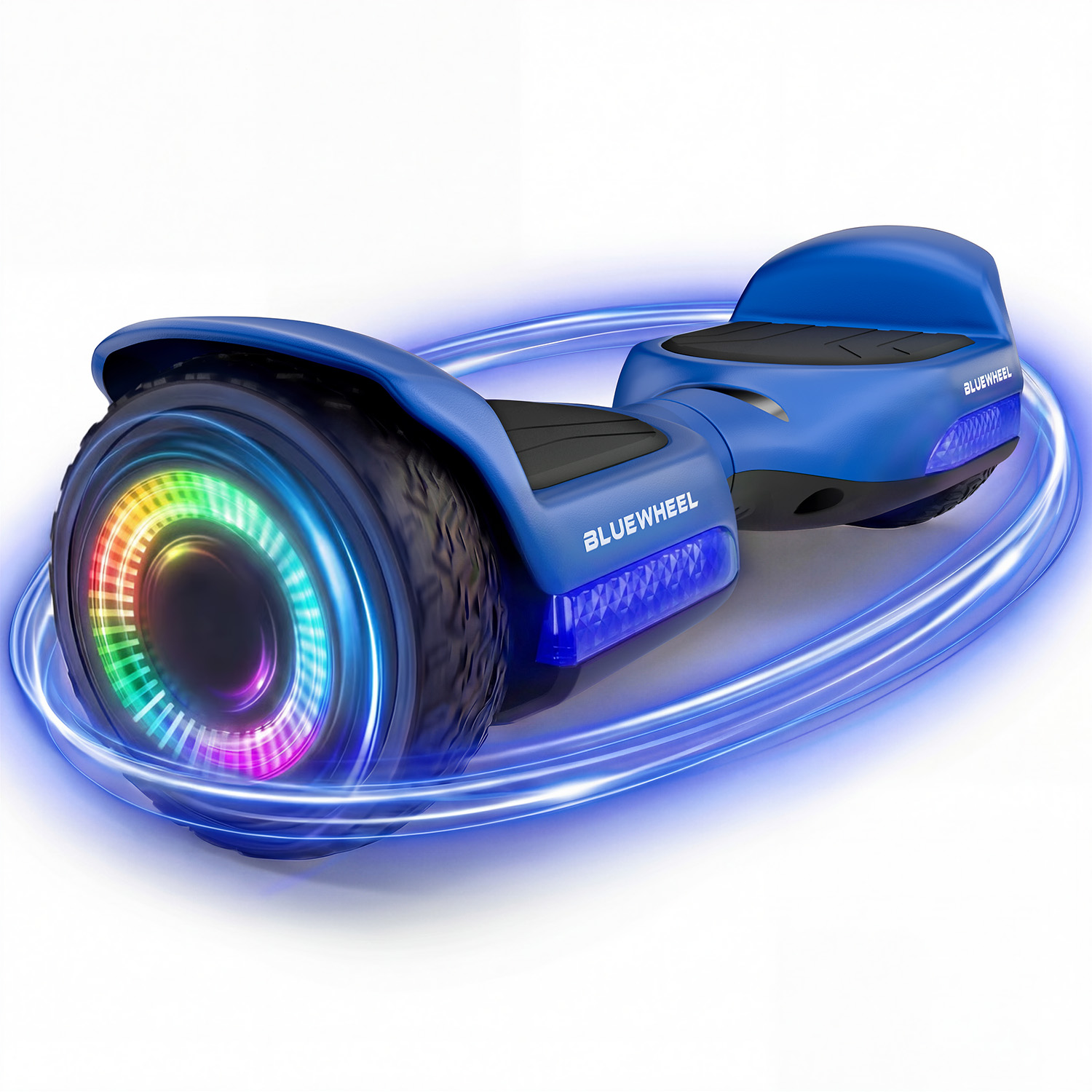 Ein blauer Hoverboard mit bunten Lichtern am Rad und blauen Lichtstreifen.