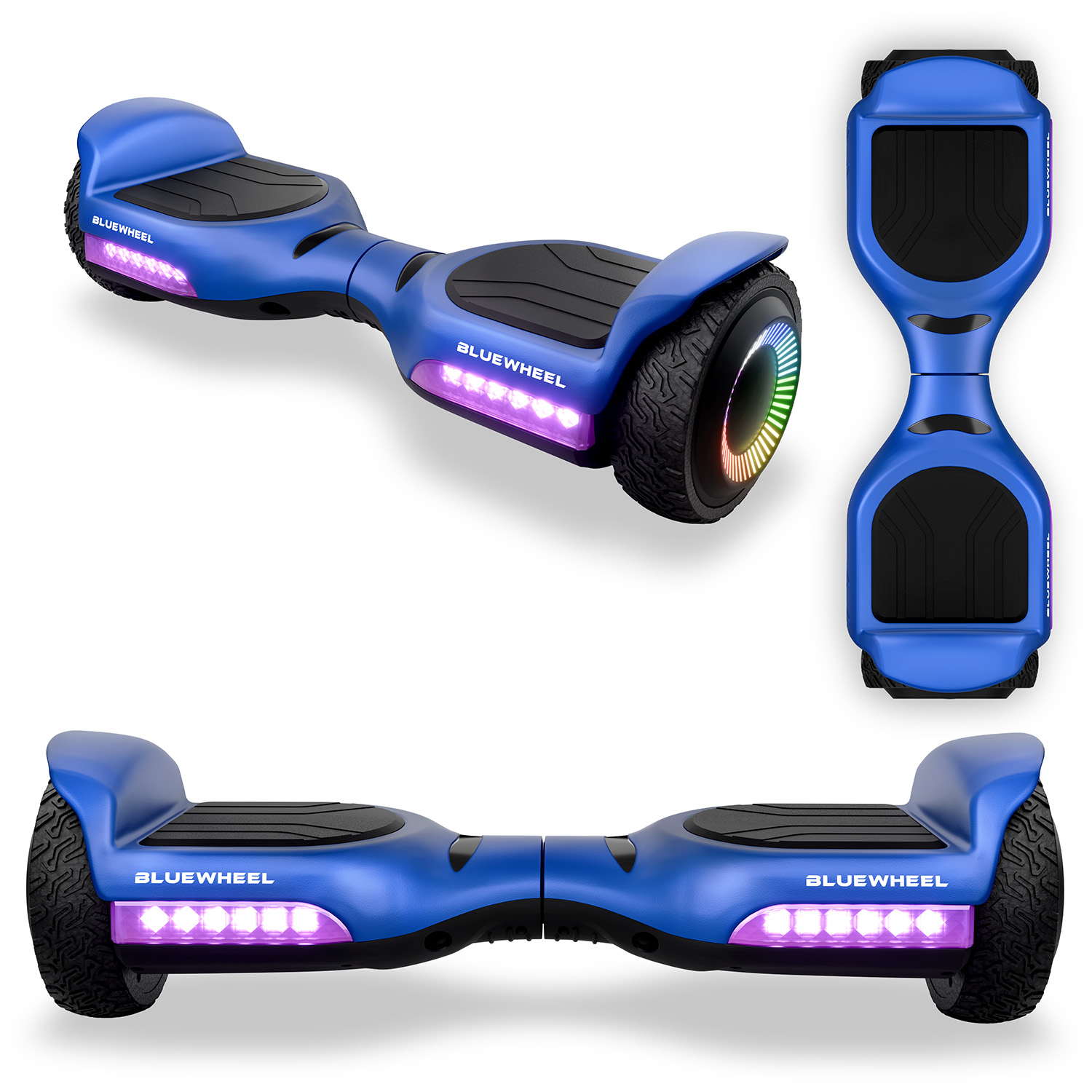 Ein blauer Hoverboard mit Lichtern und schwarzem Profil. Aus verschiedenen Blickwinkeln.