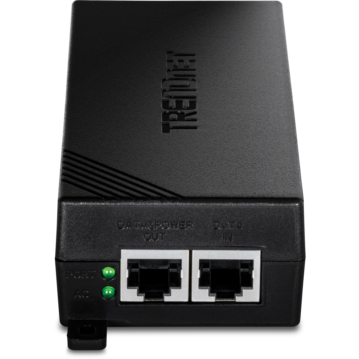 Schwarzes TRENDnet Netzteil mit zwei Ethernet-Anschlüssen und grünen LEDs.