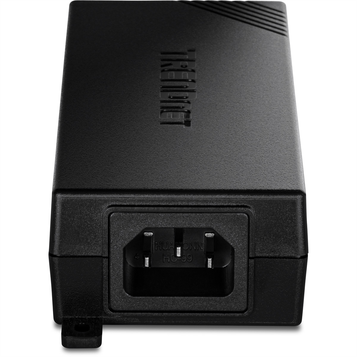Schwarzes Netzteil mit C14-Anschluss und eingeprägtem Logo auf weißem Hintergrund.